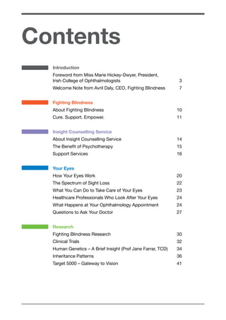 Contents 
Introduction 
Foreword from Miss Marie Hickey-Dwyer, President, 
Irish College of Ophthalmologists 3 
Welcome Note from Avril Daly, CEO, Fighting Blindness 7 
Fighting Blindness 
About Fighting Blindness 10 
Cure. Support. Empower. 11 
Insight Counselling Service 
About Insight Counselling Service 14 
The Benefit of Psychotherapy 15 
Support Services 16 
Your Eyes 
How Your Eyes Work 20 
The Spectrum of Sight Loss 22 
What You Can Do to Take Care of Your Eyes 23 
Healthcare Professionals Who Look After Your Eyes 24 
What Happens at Your Ophthalmology Appointment 24 
Questions to Ask Your Doctor 27 
Research 
Fighting Blindness Research 30 
Clinical Trials 32 
Human Genetics – A Brief Insight (Prof Jane Farrar, TCD) 34 
Inheritance Patterns 36 
Target 5000 – Gateway to Vision 41 
 