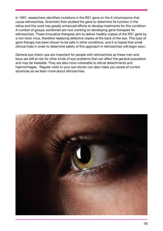In 1997, researchers identified mutations in the RS1 gene on the X chromosome that 
cause retinoschisis. Scientists then studied the gene to determine its function in the 
retina and this work has greatly enhanced efforts to develop treatments for this condition. 
A number of groups worldwide are now working on developing gene therapies for 
retinoschisis. These innovative therapies aim to deliver healthy copies of the RS1 gene by 
a non-toxic virus, therefore replacing defective copies at the back of the eye. This type of 
gene therapy has been shown to be safe in other conditions, and it is hoped that small 
clinical trials in order to determine safety of this approach in retinoschisis will begin soon. 
General eye check-ups are important for people with retinoschisis as these men and 
boys are still at risk for other kinds of eye problems that can affect the general population 
and may be treatable. They are also more vulnerable to retinal detachments and 
haemorrhages. Regular visits to your eye doctor can also make you aware of current 
advances as we learn more about retinoschisis. 
59 
 