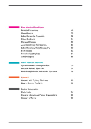 Rare Inherited Conditions 
Retinitis Pigmentosa 46 
Choroideremia 50 
Leber Congenital Amaurosis 52 
Usher Syndrome 54 
Stargardt Disease 56 
Juvenile X-linked Retinoschisis 58 
Leber Hereditary Optic Neuropathy 60 
Best Disease 62 
Cone Rod Dystrophies 64 
Achromatopsia 66 
Other Retinal Conditions 
Age-related Macular Degeneration 70 
Diabetes Related Sight Loss 74 
Retinal Degeneration as Part of a Syndrome 76 
Connect 
Connect with Fighting Blindness 80 
How to Support Our Work 82 
Further Information 
Useful Links 84 
Irish and International Patient Organisations 85 
Glossary of Terms 90 
 
