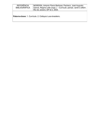 REFERÊNCIA
BIBLIOGRÁFICA
MOREIRA, Antonio Flavio Barbosa; Pacheco, José Augusto;
Garcia, Regina Leite (orgs.). – Currículo: pensar, sentir e diferir.
Rio de Janeiro; DP & A, 2004.
Palavra-chave: 1. Currículo. 2. Colóquio Luso-brasileiro.
 
