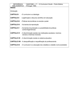 REFERÊNCIA
BIBLIOGRÁFICA
SANTOME, J. T. – O Curriculum Oculto – Porto Editora,
Portugal, 1995.
INDICE
Introdução
CAPÌTULO I - O curriculum e a ideologia
CAPÌTULO II - Legitimação e discurso científico em educação
CAPÌTULO III - Práticas tecnocráticas na escola e poder
CAPÌTULO IV - As teorias da reprodução
CAPÌTULO V - As teorias da produção e a possibilidade de práticas
contra-hegemônicas
CAPÌTULO VI - A discriminação sexista nas instituições escolares: meninos
visíveis e meninas invisíveis
CAPÌTULO VII - A discriminação racista no sistema educativo
CAPÌTULO VIII - A desqualificação e requalificação do professorando
CAPÌTULO IX - O curriculum e a educação dos cidadãos e cidadãs numa sociedade
 