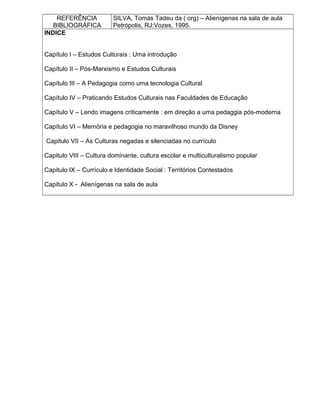 REFERÊNCIA
BIBLIOGRÁFICA
SILVA, Tomás Tadeu da ( org) – Alienígenas na sala de aula
Petrópolis, RJ:Vozes, 1995.
INDICE
Capítulo I – Estudos Culturais : Uma introdução
Capítulo II – Pós-Marxismo e Estudos Culturais
Capítulo III – A Pedagogia como uma tecnologia Cultural
Capítulo IV – Praticando Estudos Culturais nas Faculdades de Educação
Capítulo V – Lendo imagens criticamente : em direção a uma pedaggia pós-moderna
Capítulo VI – Memória e pedagogia no maravilhoso mundo da Disney
Capitulo VII – As Culturas negadas e silenciadas no currículo
Capitulo VIII – Cultura dominante, cultura escolar e multiculturalismo popular
Capitulo IX – Currículo e Identidade Social : Territórios Contestados
Capitulo X - Alienígenas na sala de aula
 