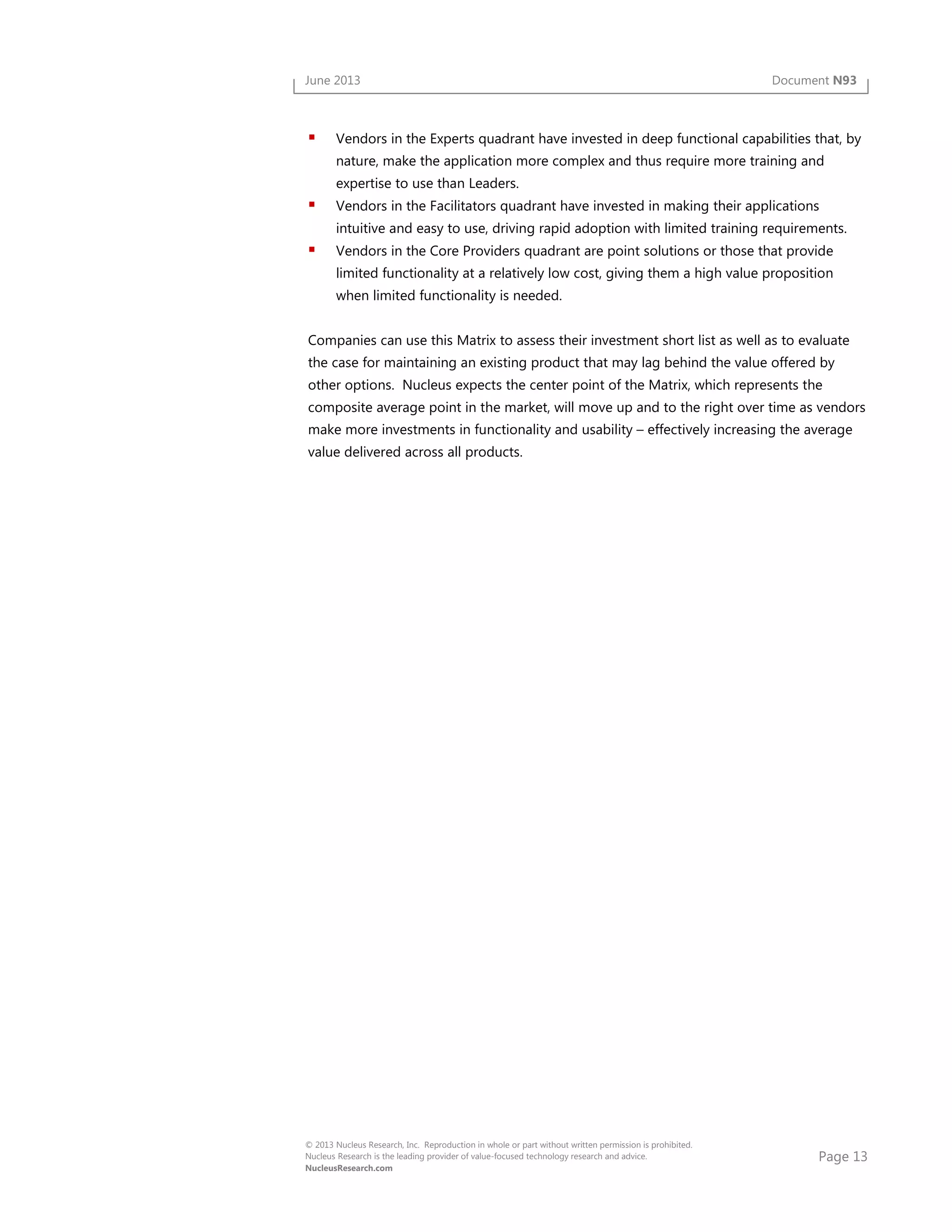 Page 13
© 2013 Nucleus Research, Inc. Reproduction in whole or part without written permission is prohibited.
Nucleus Research is the leading provider of value-focused technology research and advice.
NucleusResearch.com
June 2013 Document N93
Vendors in the Experts quadrant have invested in deep functional capabilities that, by
nature, make the application more complex and thus require more training and
expertise to use than Leaders.
Vendors in the Facilitators quadrant have invested in making their applications
intuitive and easy to use, driving rapid adoption with limited training requirements.
Vendors in the Core Providers quadrant are point solutions or those that provide
limited functionality at a relatively low cost, giving them a high value proposition
when limited functionality is needed.
Companies can use this Matrix to assess their investment short list as well as to evaluate
the case for maintaining an existing product that may lag behind the value offered by
other options. Nucleus expects the center point of the Matrix, which represents the
composite average point in the market, will move up and to the right over time as vendors
make more investments in functionality and usability – effectively increasing the average
value delivered across all products.
 