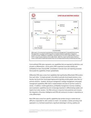 Page 2
© 2013 Nucleus Research, Inc. Reproduction in whole or part without written permission is prohibited.
Nucleus Research is the leading provider of value-focused technology research and advice.
NucleusResearch.com
June 2013 Document N93
IBM
OracleSalientHost Analytics
Adaptive
Planning
arcplan
Board
QPR
SAP
Prophix
Bitam
KCI Computing
SAS
Exact-LongView
Infor
Tagetik
Usability
Functionality
Facilitator
Expert
Leader
Core Provider
After years ofincrementalimprovementin financial management,CorporatePerformance
Management is quickly transformingwith increased enterprise application integration,
greater business intelligence capabilities,improvedeaseofuse and implementation,and a
shift to cloud-basedsolutions andmobile clients. With this rapid transformation,Nucleus
notes a shift where traditional vendorsthat donot follow thesetrends providereducedvalue.
CPM VALUE MATRIX 1H2013
Commoditized CPM value represents core capabilities that are expected, by definition, and
provide no differentiation. At this point, CPM is expected to provide visibility and
auditability for basic financial PBF, consolidation, financial close, and reporting processes
that exceed the capabilities of basic spreadsheets.
Differential CPM value comes from capabilities that significantly differentiate CPM vendors
from each other. A simple example is the ability to provide cloud-based solutions, since
Nucleus has found that cloud-based deployments typically provide greater value than on-
premise solutions. However, disclosure management, strategy management, and project
management capabilities differ both in implementation and ease of use from vendor to
vendor. In addition, mobile applications, profitability management, business modeling,
and visualization capabilities become increasingly important in differentiating Leaders and
Experts from other vendors. As CPM continues to become more predictive and inclusive,
the integration of business intelligence and CPM will continue to increase in importance as
a key differentiator.
Rare CPM value comes from specific capabilities that vendors bring to market that are
difficult or impossible for other vendors to match. For example, a vendor providing a full
application on a trial basis would have a significant advantage in driving usability and
 