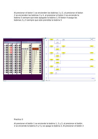 Al presionar el boton 1 se encienden las bobinas 1 y 2, al presionar el boton
2 se encienden las bobinas 3 y 4, al presionar el boton 3 se enciende la
bobina 5 siempre que este apagada la bobina 1; El boton 4 aoaga las
bobinas 2 y 3 siempre que este prendida la bobina 5
Practica 5
Al presionar el botón 1 se enciende la bobina 1, 2 y 3, al presionar el botón
2 se enciende la bobina 4 y 5 y se apaga la bobina 2; Al presionar el botón 3
 