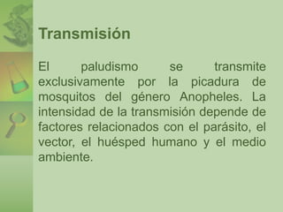 Transmisión 
El paludismo se transmite 
exclusivamente por la picadura de 
mosquitos del género Anopheles. La 
intensidad de la transmisión depende de 
factores relacionados con el parásito, el 
vector, el huésped humano y el medio 
ambiente. 
 
