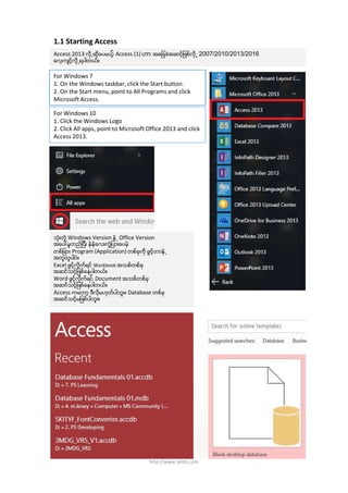1.1 Starting Access
Access 2013 လို႕ဆိုေပမယ့္ Access (1) ဟာ အေျခခံအဆင့္ျဖစ္လို႕ 2007/2010/2013/2016
ေလ့က်င့္လို႕ရပါတယ္။
For Windows 7
1. On the Windows taskbar, click the Start button.
2. On the Start menu, point to All Programs and click
Microsoft Access.
For Windows 10
1. Click the Windows Logo
2. Click All apps, point to Microsoft Office 2013 and click
Access 2013.
သံုးတဲ့ Windows Version နဲ႕ Office Version
အေပၚမူတည္ျပီး နဲနဲေလးကြဲျပားေပမဲ့
တစ္ျခား Program (Application) တစ္ခုကို ဖြင့္တာနဲ႕
အတူတူပါပဲ။
Excel ဖြင့္လိုက္ရင္ Workbook အသစ္တစ္ခု
အဆင္သင့္ျဖစ္ေနပါတယ္။
Word ဖြင့္လိုက္ရင္ Document အသစ္တစ္ခု
အဆင္သင့္ျဖစ္ေနပါတယ္။
Access ကေတာ့ ဒီလိုမဟုတ္ပါဘူး။ Database တစ္ခု
အဆင္သင့္မျဖစ္ပါဘူး။
http://www.skitfy.com
 
