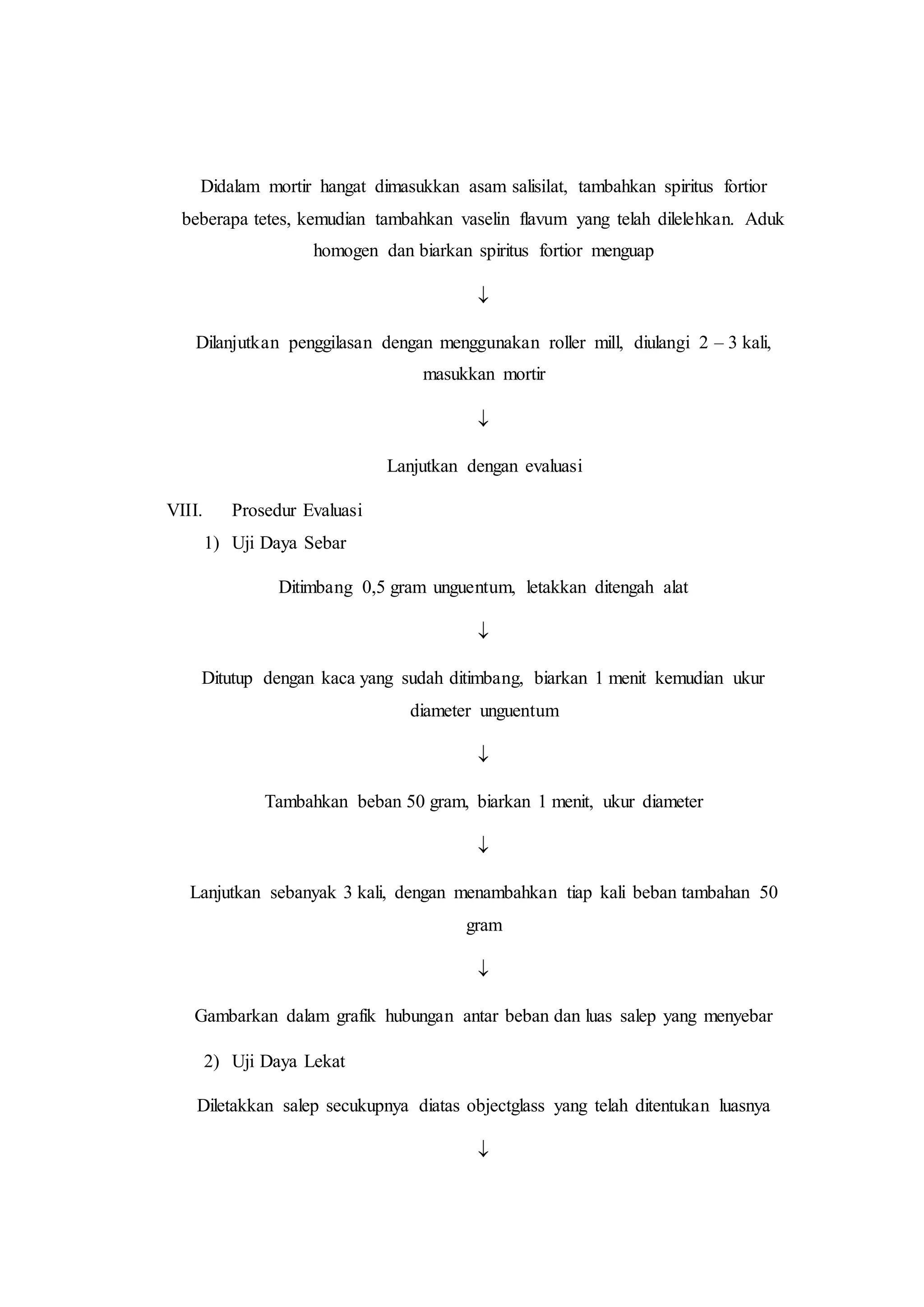 Didalam mortir hangat dimasukkan asam salisilat, tambahkan spiritus fortior 
beberapa tetes, kemudian tambahkan vaselin flavum yang telah dilelehkan. Aduk 
homogen dan biarkan spiritus fortior menguap 
 
Dilanjutkan penggilasan dengan menggunakan roller mill, diulangi 2 – 3 kali, 
masukkan mortir 
 
Lanjutkan dengan evaluasi 
VIII. Prosedur Evaluasi 
1) Uji Daya Sebar 
Ditimbang 0,5 gram unguentum, letakkan ditengah alat 
 
Ditutup dengan kaca yang sudah ditimbang, biarkan 1 menit kemudian ukur 
diameter unguentum 
 
Tambahkan beban 50 gram, biarkan 1 menit, ukur diameter 
 
Lanjutkan sebanyak 3 kali, dengan menambahkan tiap kali beban tambahan 50 
gram 
 
Gambarkan dalam grafik hubungan antar beban dan luas salep yang menyebar 
2) Uji Daya Lekat 
Diletakkan salep secukupnya diatas objectglass yang telah ditentukan luasnya 
 
 