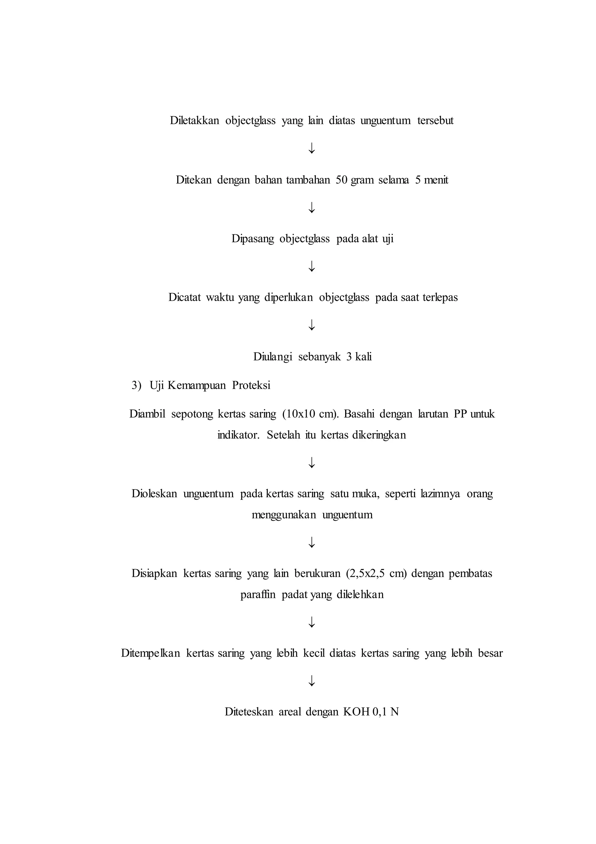 Diletakkan objectglass yang lain diatas unguentum tersebut 
 
Ditekan dengan bahan tambahan 50 gram selama 5 menit 
 
Dipasang objectglass pada alat uji 
 
Dicatat waktu yang diperlukan objectglass pada saat terlepas 
 
Diulangi sebanyak 3 kali 
3) Uji Kemampuan Proteksi 
Diambil sepotong kertas saring (10x10 cm). Basahi dengan larutan PP untuk 
indikator. Setelah itu kertas dikeringkan 
 
Dioleskan unguentum pada kertas saring satu muka, seperti lazimnya orang 
menggunakan unguentum 
 
Disiapkan kertas saring yang lain berukuran (2,5x2,5 cm) dengan pembatas 
paraffin padat yang dilelehkan 
 
Ditempelkan kertas saring yang lebih kecil diatas kertas saring yang lebih besar 
 
Diteteskan areal dengan KOH 0,1 N 
 