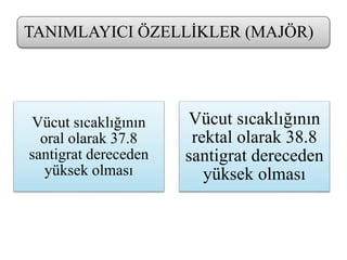 TANIMLAYICI ÖZELLİKLER (MAJÖR)
Vücut sıcaklığının
oral olarak 37.8
santigrat dereceden
yüksek olması
Vücut sıcaklığının
rektal olarak 38.8
santigrat dereceden
yüksek olması
 