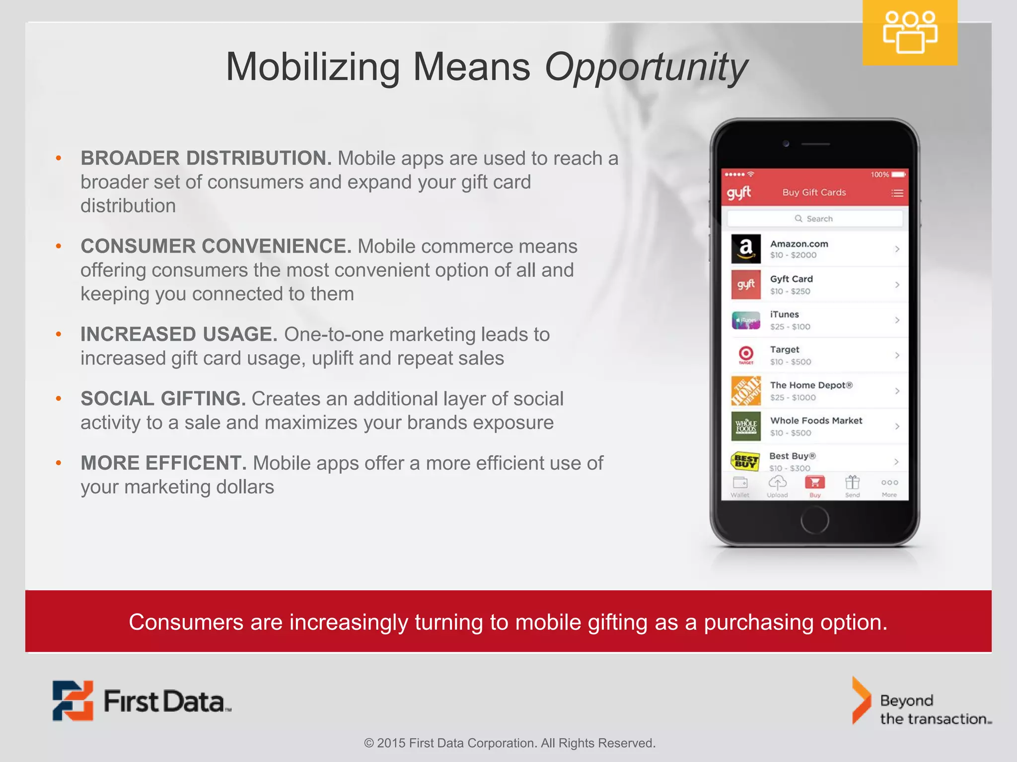 © 2015 First Data Corporation. All Rights Reserved.
• BROADER DISTRIBUTION. Mobile apps are used to reach a
broader set of consumers and expand your gift card
distribution
• CONSUMER CONVENIENCE. Mobile commerce means
offering consumers the most convenient option of all and
keeping you connected to them
• INCREASED USAGE. One-to-one marketing leads to
increased gift card usage, uplift and repeat sales
• SOCIAL GIFTING. Creates an additional layer of social
activity to a sale and maximizes your brands exposure
• MORE EFFICENT. Mobile apps offer a more efficient use of
your marketing dollars
Mobilizing Means Opportunity
Consumers are increasingly turning to mobile gifting as a purchasing option.
 