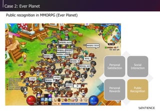 Case 2: Ever Planet
Public recognition in MMORPG (Ever Planet)
Personal
Satisfaction
Social
Interaction
Personal
Rewards
P...