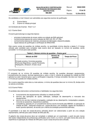 QUALIFICAÇÃO E CERTIFICAÇÃO              Manual:        SNQC/END
                                            DE PESSOAS EM ENSAIOS NÃO
                                                   DESTRUTIVOS                      Página:           12 de 25
                                                          NA-001                    Revisão:     12 (Fev/2012)

Os candidatos a nível 3 devem ser submetidos aos seguintes exames de qualificação:

       a)      Exame básico
       b)      Exame no método principal

6.2 Conteúdo dos Exames - Nível 1 e 2

6.2.1 Exame Geral

O exame geral abrange os seguintes tópicos:

   -       princípios fundamentais do ensaio relativo ao método de END aplicável;
   -       conhecimentos básicos de outros métodos de END (US, ER, LP, PM);
   -       conhecimentos básicos de materiais, processos de fabricação e descontinuidades;
   -       regras básicas de qualificação e certificação do SNQC/END.

Este exame consta de questões de múltipla escolha, na quantidade mínima descrita a tabela 3. O tempo
utilizado pelo candidato para completar cada exame deve ser baseado no número de questões, sendo
concedido 1,5 minuto para cada questão.

                             Tabela 3 - Número mínimo de questões – Exame geral
                                                               Número de
                           Método de END                                         Tempo de Prova
                                                                questões

             Emissão acústica, Correntes parasitas,
             Partículas Magnéticas, Líquido Penetrante,            40                    60
             Radiografia, Ultrassom, Ensaio visual


6.2.2 Exame Específico

É composto de no mínimo 20 questões de múltipla escolha. As questões abrangem equipamentos,
procedimentos de ensaios, técnicas operacionais e, para o nível 2, critérios de aceitação do método de END
aplicável ao setor industrial para o qual a certificação é requerida. O tempo concedido não deve ser maior que
3 minutos por questão de múltipla escolha.

Se o exame específico cobre dois ou mais setores, o mínimo de questões deve ser no mínimo 30, dividas entre
os setores envolvidos.

6.2.3 Exame Prático

O candidato deve demonstrar conhecimentos e habilidades nos seguintes itens:

       ♦     funcionamento dos equipamentos utilizados no método de END;
       ♦     domínio das operações de ajuste, calibração, avaliação de desempenho e manuseio dos
             equipamentos;
       ♦     domínio do uso dos materiais empregados, avaliação de seu desempenho, manipulação e preparo,
             incluindo-se acessórios, dispositivos e padrões;
       ♦     competência, baseada em um procedimento técnico escrito fornecido pela ABENDI, na aplicação do
             método de END, realizando ensaios em corpos-de-prova, com avaliação, registro de resultados e
             laudo (quando aplicável), de acordo com critérios de aceitação previamente definidos;

A quantidade e os tipos de corpos-de-prova utilizados devem ser selecionados a partir de uma coleção
representativa, definida para cada método de END pelo BC.

O gabarito dos corpos-de-prova deve ser compilado e validado por um examinador, a partir de pelo menos
dois testes independentes de profissionais certificados como nível 2, ou nível 3, com pelo menos dois anos de
experiência na aplicação do método de END para o qual o corpo-de-prova será utilizado.
 