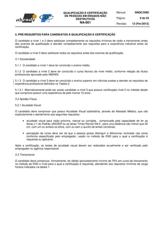 QUALIFICAÇÃO E CERTIFICAÇÃO                 Manual:        SNQC/END
                                         DE PESSOAS EM ENSAIOS NÃO
                                                DESTRUTIVOS                         Página:            9 de 25
                                                      NA-001                        Revisão:     12 (Fev/2012)



5. PRÉ-REQUISITOS PARA CANDIDATOS À QUALIFICAÇÃO E CERTIFICAÇÃO

O candidato a nível 1 e 2 deve satisfazer completamente os requisitos mínimos de visão e treinamento antes
dos exames de qualificação e atender completamente aos requisitos para a experiência industrial antes da
certificação.

O candidato a nível 3 deve satisfazer todos os requisitos antes dos exames de qualificação.

5.1 Escolaridade

5.1.1 O candidato a nível 1 deve ter concluído o ensino médio.

5.1.2 O candidato a nível 2 deve ter concluído o curso técnico de nível médio, conforme relação de títulos
profissionais aprovado pela ABENDI.

5.1.3 O candidato a nível 3 deve ter concluído o ensino superior em ciências exatas e atender os requisitos de
experiência profissional definidos na Tabela 2.

5.1.3.1 Alternativamente pode ser aceito candidato a nível 3 que possuir certificação nível 2 no método desde
que comprove possuir uma experiência de pelo menos 10 anos.

5.2 Aptidão Física

5.2.1 Acuidade Visual

O candidato deve comprovar que possui Acuidade Visual satisfatória, através de Atestado Médico, que cite
explicitamente o atendimento aos seguintes requisitos:

      • acuidade visual para visão próxima, natural ou corrigida, comprovada pela capacidade de ler as
        letras J-1 do Padrão JAEGER ou as letras Times Roman N4,5 , para uma distância não menor que 30
        cm, com um ou ambos os olhos, com ou sem o auxílio de lentes corretivas;

      • percepção de cores deve ser tal que a pessoa possa distinguir e diferenciar contraste nas cores
        conforme especificado pelo empregador, usado no método de END para o qual a certificação é
        requerida ou aplicável.

Após a certificação, os testes de acuidade visual devem ser realizados anualmente e ser verificado pelo
empregador ou agência responsável.

5.3 Treinamento

O candidato deve comprovar, formalmente, ter obtido aproveitamento mínimo de 70% em curso de treinamento
no método de END e nível para o qual a certificação é requerida, atendendo aos requisitos mínimos de carga
horária indicados na tabela 1.
 