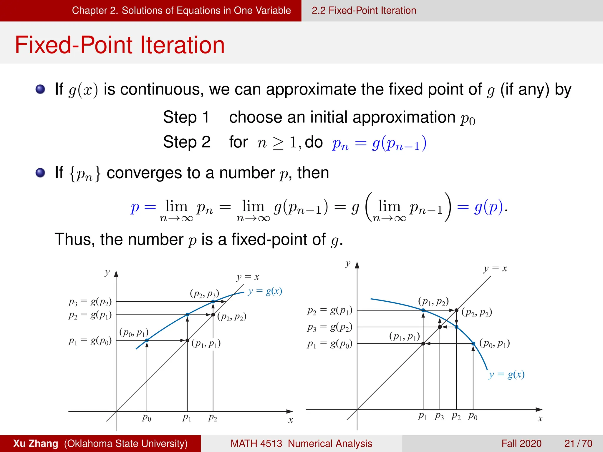 Chapter 2. Solutions of Equations in One Variable 2.2 Fixed-Point Iteration
Fixed-Point Iteration
If g(x) is continuous, we can approximate the fixed point of g (if any) by
Step 1 choose an initial approximation p0
Step 2 for n ≥ 1, do pn = g(pn−1)
If {pn} converges to a number p, then
p = lim
n→∞
pn = lim
n→∞
g(pn−1) = g

lim
n→∞
pn−1

= g(p).
Thus, the number p is a fixed-point of g.
in One Variable
eration
itly determine the ﬁxed point in Example 3 because we have no way to
equation p = g( p) = 3−p
. We can, however, determine approximations
t to any speciﬁed degree of accuracy. We will now consider how this can
ate the ﬁxed point of a function g, we choose an initial approximation p0
sequence { pn}∞
n=0 by letting pn = g( pn−1), for each n ≥ 1. If the sequence
d g is continuous, then
p = lim
n→∞
pn = lim
n→∞
g( pn−1) = g

lim
n→∞
pn−1

= g( p),
x = g(x) is obtained. This technique is called ﬁxed-point, or functional
ocedure is illustrated in Figure 2.7 and detailed in Algorithm 2.2.
x x
y
x
1)
g(x)
(b)
p0 p1 p2
y  g(x)
(p2, p2)
(p0, p1)
(p2, p3)
p1  g(p0)
p3  g(p2)
y  x
p2  g(p1)
(p1, p1)
60 C H A P T E R 2 Solutions of Equations in One Variable
Fixed-Point Iteration
We cannot explicitly determine the ﬁx
solve for p in the equation p = g( p) =
to this ﬁxed point to any speciﬁed degr
be done.
To approximate the ﬁxed point of a
and generate the sequence { pn}∞
n=0 by le
converges to p and g is continuous, then
p = lim
n→∞
pn = lim
n→∞
g
and a solution to x = g(x) is obtained.
iteration. The procedure is illustrated i
Figure 2.7
x
y
y  x
p2  g(p1)
p3  g(p2)
p1  g(p0)
(p1, p2)
(p2, p2)
(p0, p1)
y  g(x)
(p1, p1)
p1 p3 p2 p0
(a)
p1  g
p3  g
p2  g
Xu Zhang (Oklahoma State University) MATH 4513 Numerical Analysis Fall 2020 21 / 70
 