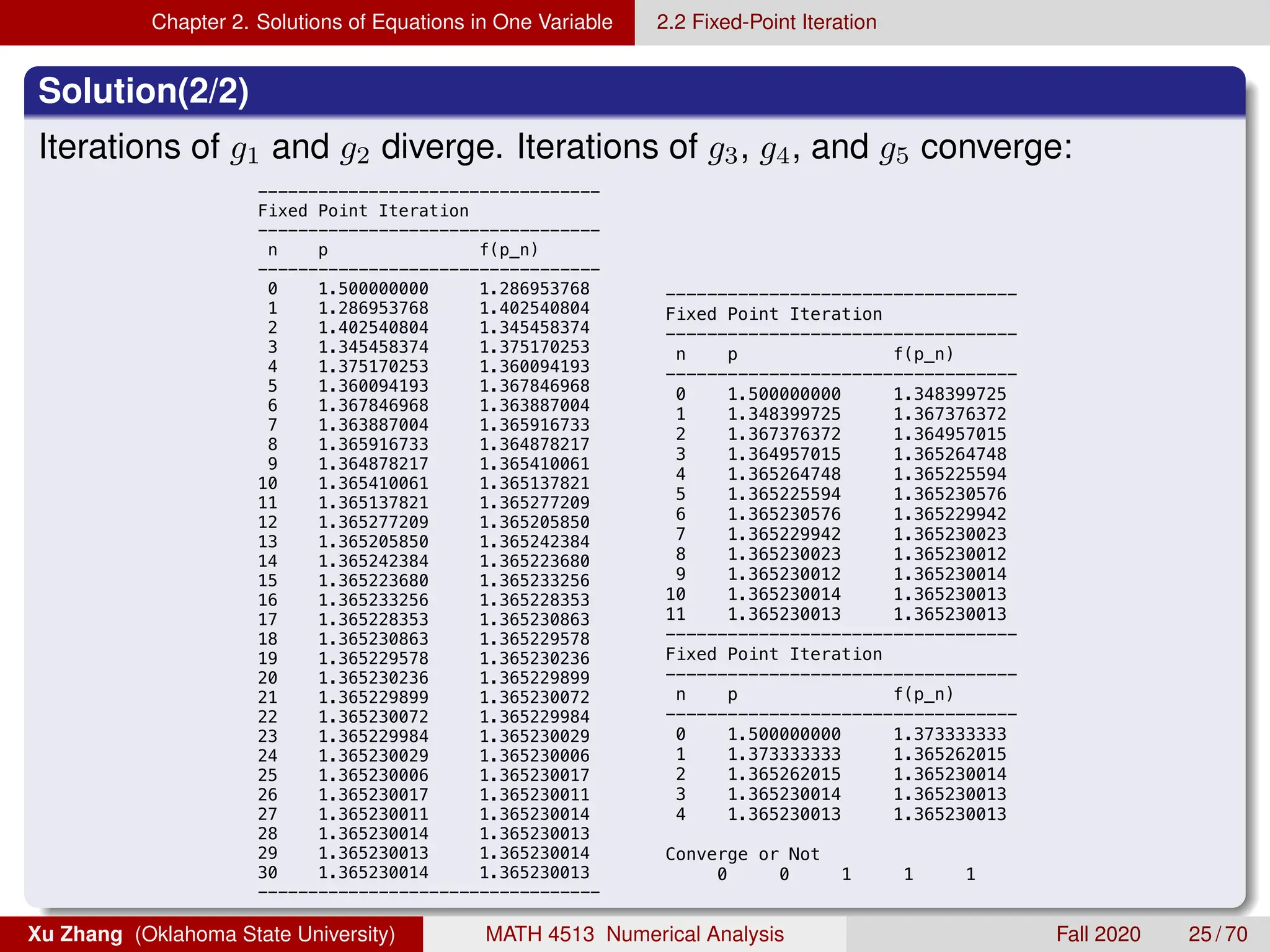 Chapter 2. Solutions of Equations in One Variable 2.2 Fixed-Point Iteration
Solution(2/2)
Iterations of g1 and g2 diverge. Iterations of g3, g4, and g5 converge:
8/14/18 3:54 PM MATLAB Command Window 1 of 2
----------------------------------
Fixed Point Iteration
----------------------------------
n p f(p_n)
----------------------------------
0 1.500000000 1.286953768
1 1.286953768 1.402540804
2 1.402540804 1.345458374
3 1.345458374 1.375170253
4 1.375170253 1.360094193
5 1.360094193 1.367846968
6 1.367846968 1.363887004
7 1.363887004 1.365916733
8 1.365916733 1.364878217
9 1.364878217 1.365410061
10 1.365410061 1.365137821
11 1.365137821 1.365277209
12 1.365277209 1.365205850
13 1.365205850 1.365242384
14 1.365242384 1.365223680
15 1.365223680 1.365233256
16 1.365233256 1.365228353
17 1.365228353 1.365230863
18 1.365230863 1.365229578
19 1.365229578 1.365230236
20 1.365230236 1.365229899
21 1.365229899 1.365230072
22 1.365230072 1.365229984
23 1.365229984 1.365230029
24 1.365230029 1.365230006
25 1.365230006 1.365230017
26 1.365230017 1.365230011
27 1.365230011 1.365230014
28 1.365230014 1.365230013
29 1.365230013 1.365230014
30 1.365230014 1.365230013
----------------------------------
Fixed Point Iteration
----------------------------------
8/14/18 3:57 PM MATLAB Command Window
----------------------------------
Fixed Point Iteration
----------------------------------
n p f(p_n)
----------------------------------
0 1.500000000 1.348399725
1 1.348399725 1.367376372
2 1.367376372 1.364957015
3 1.364957015 1.365264748
4 1.365264748 1.365225594
5 1.365225594 1.365230576
6 1.365230576 1.365229942
7 1.365229942 1.365230023
8 1.365230023 1.365230012
9 1.365230012 1.365230014
10 1.365230014 1.365230013
11 1.365230013 1.365230013
----------------------------------
Fixed Point Iteration
----------------------------------
n p f(p_n)
----------------------------------
0 1.500000000 1.373333333
1 1.373333333 1.365262015
2 1.365262015 1.365230014
3 1.365230014 1.365230013
4 1.365230013 1.365230013
Converge or Not
0 0 1 1 1

Xu Zhang (Oklahoma State University) MATH 4513 Numerical Analysis Fall 2020 25 / 70
 
