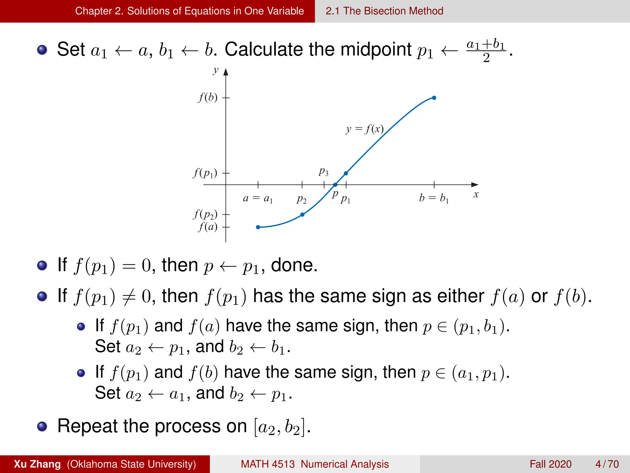Chapter 2. Solutions of Equations in One Variable 2.1 The Bisection Method
Set a1 ← a, b1 ← b. Calculate the midpoint p1 ← a1+b1
2 .
2.1 The Bisection Method 49
Figure 2.1
x
y
f(a)
f(p2)
f (p1)
f(b)
y  f(x)
a  a1 b  b1
p p1
p2
p3
a1 b1
p1
p2
a2 b2
p3
a3 b3
ALGORITHM
2.1
Bisection
To ﬁnd a solution to f (x) = 0 given the continuous function f on the interval [a, b], where
f (a) and f (b) have opposite signs:
INPUT endpoints a, b; tolerance TOL; maximum number of iterations N0.
If f(p1) = 0, then p ← p1, done.
If f(p1) 6= 0, then f(p1) has the same sign as either f(a) or f(b).
If f(p1) and f(a) have the same sign, then p ∈ (p1, b1).
Set a2 ← p1, and b2 ← b1.
If f(p1) and f(b) have the same sign, then p ∈ (a1, p1).
Set a2 ← a1, and b2 ← p1.
Repeat the process on [a2, b2].
Xu Zhang (Oklahoma State University) MATH 4513 Numerical Analysis Fall 2020 4 / 70
 