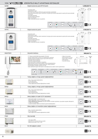 GÖRÜNTÜLÜ MULT‹ APARTMAN S‹STEMLER‹YEN‹
Ayarlar
18-36VDC
Çalıﬂma gerilimi
-20°C ~ +60°C
Çalıﬂma sıcaklı¤ı
II s›n›f›
Koruma derecesi
IP
44
2
Renkli
Kamera Kap› otomati¤i
8
• Dayan›kl› panel
• Ayd›nlatmal› Tuﬂlar
• RF-ID kart ile kilit açma, RFID kart panel taraf›ndan yönetilebilir
• ﬁifre girerek kap› açma, daire monitörleri ile kiﬂisel ﬂifre koyma yada panel ile genel ﬂifre koyma deste¤i
• LCD Ekran
• Güvenlikle görüﬂme
• Sosyal tesislerle görüﬂme
• Kapıcı ile görüﬂme
• Di¤er binalardaki daireleri arayabilme
Digital kameralı panel RF-ID kartlıD21BC
Ayarlar
18-36VDC
Çalıﬂma gerilimi
-20°C ~ +60°C
Çalıﬂma sıcaklı¤ı
II s›n›f›
Koruma derecesi
IP
44
2
Renkli
Kamera Kap› otomati¤i
• Dayan›kl› panel
• Ayd›nlatmal› Tuﬂlar
• ﬁifre girerek kap› açma, daire monitörleri ile kiﬂisel ﬂifre koyma yada panel ile genel ﬂifre koyma deste¤i
• LCD Ekran
• Güvenlikle görüﬂme
• Sosyal tesislerle görüﬂme
• Kapıcı ile görüﬂme
• Di¤er binalardaki daireleri arayabilme
• Max. 2 kap› paneli ba¤lanabilme
• RJ 45 soket giriﬂi
• Harici besleme giriﬂi
• Yatay da¤›t›c›larla Kaskad ba¤lanabilme özelli¤i
18-36VDC
Çalıﬂma gerilimi
2
• Max. 4 monitör ba¤lanabilme
• RJ 45 soket giriﬂi
• Dikey da¤›t›c›larla Kaskad ba¤lanabilme özelli¤i
NH01 Yatay da¤›t›c› (2 kap› paneli ba¤lanabilme)
• Max. 4 kap› paneli ba¤lanabilme
• RJ 45 soket giriﬂi
• Harici besleme giriﬂi
• Yatay da¤›t›c›larla Kaskad ba¤lanabilme özelli¤i
18-36VDC
Çalıﬂma gerilimi
2
18-36VDC
Çalıﬂma gerilimi
2
• Ç›k›ﬂ gücü: 90W
• Ç›k›ﬂ: 36V 2A, sürekli 2,5A k›sa sürekli
• Batarya ﬂarj ç›k›ﬂ›: 27.6V 0.5A
100-240V~ 50/60Hz
Çalıﬂma gerilimi
2
• 7" Yüksek çözünürlüklü dokunmatik LCD ekran
• Gerçek zamanl› kap› zili veya CCTV kameras›n›n izlenmesi
• Hareket alg›lama özelli¤ini taﬂ›yan basit DVR fonksiyonu
• Otomatik mesaj b›rak›lmas›
• Otomatik mesaj b›rak›lmas›
• Daire içerisindeki monitörleri arayabilme
• Dahili haf›zaya veya SD karta çekilen resmin kaydedilebilmesi
• Multimedya fonksiyonu: foto¤raf gösterme, müzik oynatma
• Ayarlanabilen parlakl›k, kontrast ve renk
• Daire sakinlerini içeren liste kayd› ve arand›¤›nda bina sakinin isminin gösterilmesi
2
0 °C ~ +40 °C
Çalıﬂma sıcaklı¤ı
100-240V~ 50/60Hz
Çalıﬂma gerilimi
Renkli
Monitör
7”
CCTV Kap› otomati¤iPanel görüntüleme Daireler aras› görüﬂme Ayarlar
140mm
285 mm 46 mm
1.250,00 TL
Digital kameralı panelD21AC 1.150,00 TL
M1607BCR Güvenlik telefonu 900,00 TL
500,00 TL
600,00 TL
NV01 Dikey da¤ıtıcı (4 monitöre kadar ba¤lanabilme) 200,00 TL
PW01 Güç kayna¤ı 300,00 TL
NC01 RJ-45 ba¤lantı soketi 20,00 TL
306mm
238 mm 97 mm
372mm
238 mm 97 mm
NH02 Yatay da¤›t›c› (4 kap› paneli ba¤lanabilme)
NH03 Dikey da¤ıtıcı (4 adet CCTV destekler)
18-36VDC
Çalıﬂma gerilimi
2
600,00 TL
• A¤ sinyalini da¤›t›r ve muhafaza eder
• Modül sa¤laml›¤›n› artt›r›r ve kolay bak›m sa¤lar
• Sinyal dönüﬂtürme fonksiyonu: D›ﬂ kap› panelleri ile dahili monitörler aras›ndaki sinyalleri dönüﬂtürür
• 4 adet CCTV destekler
• 2 paneli destekler (NH02 ile birlikte 8 paneli destekleyebilir)
• Video ve ses kayd›
• Ahize tasar›m›, net ses
• Alarm saati ve takvim
• Kilit kontrolü
• S›va üstü montaj
2
 