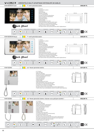 GÖRÜNTÜLÜ MULT‹ APARTMAN S‹STEMLER‹ (8 KABLO)
4,3” Renkli görüntülü telefonNVM-500MC
• 4,3” Renkli
• Kap› otomati¤i
• Merdiven otomati¤i
• D›ﬂ kap› önü kameras› görüntüleme
• Daire önü kameras› görüntüleme
• 4 CCTV görüntüleme
• Güvenlikle görüﬂme
• Kap›c›yla görüﬂme
• Gizlilik özelli¤i
• Renk/parlakl›k/zil sesi ayar›
• Dijital adreslemeye uygun dip switch yap›s›
• Dip switch ile 75 ohm ayarlama kolayl›¤›
• S›va üstüne ask› aparat› ile montaj kolayl›¤›
• 4 farklı zil sesi ve 1 alarm sesi özelli¤i
• Bir daireye birden fazla paralel görüntülü telefon ba¤lanabilmesi
• Telefon ahizesi açık unutuldu¤unda sistemin otomatik olarak kapanması
200 mm
220mm
55 mm
Ayarlar
Santralden
Çalıﬂma gerilimi
-20 °C ~ +40 °C
Çalıﬂma sıcaklı¤ı
II s›n›f›
Koruma derecesi
IP
20
Gizli görüﬂme
2
Merdiven otomati¤i CCTVPanel görüntüleme Güvenlik arama Kap› otomati¤i
Renkli
Monitör
4.3”
437,00 TL
• 7” Renkli
• Dokunmatik tuﬂ tak›m›
• Handsfree
• Kap› otomati¤i
• Merdiven otomati¤i
• 4 CCTV görüntüleme
• D›ﬂ kap› önü kameras› görüntüleme
• Daire önü kameras› görüntüleme
• Kap›c›yla görüﬂme
• Güvenlikle görüﬂme
• Gizlilik özelli¤i
• Renk/parlakl›k/zil sesi ayar›
• Dijital adreslemeye uygun dip switch yap›s›
• Dip switch ile 75 ohm ayarlama kolayl›¤›
• S›va üstüne ask› aparat› ile montaj kolayl›¤›
• 4 farklı zil sesi ve 1 alarm sesi özelli¤i
• Bir daireye birden fazla paralel görüntülü diafon ba¤lanabilmesi
®
235 mm
125mm
30 mm
14
7” renkli görüntülü diafonNVM-800MCB Siyah
7” renkli görüntülü diafonNVM-800MCW Beyaz
Santralden
Çalıﬂma gerilimi
-20 °C ~ +40 °C
Çalıﬂma sıcaklı¤ı
II s›n›f›
Koruma derecesi
IP
20
Renkli
Monitör
7”
Ayarlar Gizli görüﬂme
2
Merdiven otomati¤i CCTVPanel görüntüleme Güvenlik arama Kap› otomati¤i
• 7” Renkli
• Dokunmatik tuﬂ tak›m›
• Handsfree
• Kap› otomati¤i
• Merdiven otomati¤i
• 4 CCTV görüntüleme
• D›ﬂ kap› önü kameras› görüntüleme
• Daire önü kameras› görüntüleme
• Kap›c›yla görüﬂme
• Güvenlikle görüﬂme
• Gizlilik özelli¤i
• Renk/parlakl›k/zil sesi ayar›
• Dijital adreslemeye uygun dip switch yap›s›
• Dip switch ile 75 ohm ayarlama kolayl›¤›
• S›va üstüne ask› aparat› ile montaj kolayl›¤›
• 4 farklı zil sesi ve 1 alarm sesi özelli¤i
• Bir daireye birden fazla paralel görüntülü diafon ba¤lanabilmesi
®
235 mm
125mm
30 mm
Santralden
Çalıﬂma gerilimi
-20 °C ~ +40 °C
Çalıﬂma sıcaklı¤ı
II s›n›f›
Koruma derecesi
IP
20
Renkli
Monitör
7”
Ayarlar Gizli görüﬂme
2
Merdiven otomati¤i CCTVPanel görüntüleme Güvenlik arama Kap› otomati¤i
600,00 TL
600,00 TL
Ayarlar
Renkli
Monitör
4.3”
Santralden
Çalıﬂma gerilimi
-20 °C ~ +40 °C
Çalıﬂma sıcaklı¤ı
II s›n›f›
Koruma derecesi
IP
20
Gizli görüﬂme
2
Merdiven otomati¤i CCTVPanel görüntüleme Güvenlik arama Kap› otomati¤i Daireler aras› görüﬂme
552,00 TL4,3” Renkli görüntülü telefon ( Daireler aras› görüﬂme özellikli )NVM-550MC
• 4,3” Renkli
• Kap› otomati¤i
• Merdiven otomati¤i
• D›ﬂ kap› önü kameras› görüntüleme
• Daire önü kameras› görüntüleme
• 4 CCTV görüntüleme deste¤i
• Güvenlikle görüﬂme
• Kap›c›yla görüﬂme
• Daireler aras› görüﬂme
• Gizlilik özelli¤i
• Parlakl›k/renk/zil sesi ayar›
• S›va üstüne ask› aparat› ile montaj kolayl›¤›
• Zil paneli görüntüleme tuﬂu
• 4 farklı zil sesi, 1 alarm sesi özelli¤i
• Bir daireye birden fazla paralel görüntülü telefon ba¤lanabilmesi
• Ahize açık unutuldu¤unda sistemin otomatik olarak kapatılması
• Dip switch ile 75 ohm ayarlama kolayl›¤›
• 4 audio deste¤i (8+2 kablo ile)
200 mm
220mm
55 mm
 