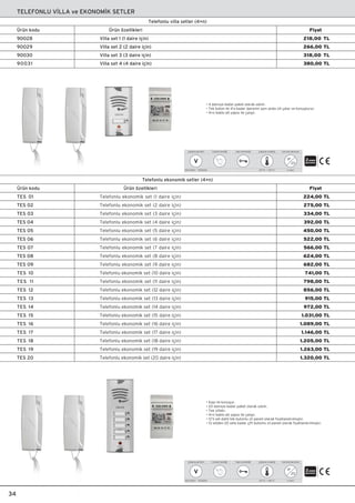• 4 daireye kadar paket olarak sat›l›r.
• Tek buton ile 4’e kadar dairenin ayn› anda zili çalar ve konuﬂturur.
• 4+n kablo alt yapısı ile çalıﬂır.
• Kap› ile konuﬂur.
• 20 daireye kadar paket olarak sat›l›r.
• Tek zillidir.
• 4+n kablo alt yap›s› ile çal›ﬂ›r.
• 12’li set dahil tek butonlu zil paneli olarak fiyatland›r›lm›ﬂt›r.
• 13 setden 20 sete kadar çift butonlu zil paneli olarak fiyatland›r›lm›ﬂt›r.
TELEFONLU V‹LLA ve EKONOM‹K SETLER
Villa set 1 (1 daire için)
Villa set 2 (2 daire için)
Villa set 3 (3 daire için)
Villa set 4 (4 daire için)
90028
90029
90030
90031
Telefonlu villa setler (4+n)
Ürün özellikleriÜrün kodu Fiyat
Fotosel özelli¤i
2
-20 °C ~ +40 °C
Çalıﬂma sıcaklı¤ı
II s›n›f›
Koruma derecesi
IP
20
Kap› otomati¤i
230-240V~ 50/60Hz
Çal›ﬂma gerilimi
V
Fotosel özelli¤i
2
-20 °C ~ +40 °C
Çalıﬂma sıcaklı¤ı
II s›n›f›
Koruma derecesi
IP
20
Kap› otomati¤i
230-240V~ 50/60Hz
Çal›ﬂma gerilimi
V
Telefonlu ekonomik setler (4+n)
Ürün özellikleriÜrün kodu Fiyat
TES 01
TES 02
TES 03
TES 04
TES 05
TES 06
TES 07
TES 08
TES 09
TES 10
TES 11
TES 12
TES 13
TES 14
TES 15
TES 16
TES 17
TES 18
TES 19
TES 20
Telefonlu ekonomik set (1 daire için)
Telefonlu ekonomik set (2 daire için)
Telefonlu ekonomik set (3 daire için)
Telefonlu ekonomik set (4 daire için)
Telefonlu ekonomik set (5 daire için)
Telefonlu ekonomik set (6 daire için)
Telefonlu ekonomik set (7 daire için)
Telefonlu ekonomik set (8 daire için)
Telefonlu ekonomik set (9 daire için)
Telefonlu ekonomik set (10 daire için)
Telefonlu ekonomik set (11 daire için)
Telefonlu ekonomik set (12 daire için)
Telefonlu ekonomik set (13 daire için)
Telefonlu ekonomik set (14 daire için)
Telefonlu ekonomik set (15 daire için)
Telefonlu ekonomik set (16 daire için)
Telefonlu ekonomik set (17 daire için)
Telefonlu ekonomik set (18 daire için)
Telefonlu ekonomik set (19 daire için)
Telefonlu ekonomik set (20 daire için)
218,00 TL
266,00 TL
318,00 TL
380,00 TL
224,00 TL
275,00 TL
334,00 TL
392,00 TL
450,00 TL
522,00 TL
566,00 TL
624,00 TL
682,00 TL
741,00 TL
798,00 TL
856,00 TL
915,00 TL
972,00 TL
1.031,00 TL
1.089,00 TL
1.146,00 TL
1.205,00 TL
1.263,00 TL
1.320,00 TL
34
 