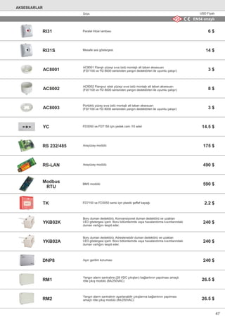 Aşırı gerilim koruması
Yangın alarm santraline (28 VDC çıkışları) bağlantının yapılması amaçlı
röle çıkış modülü (8A/250VAC)
Yangın alarm santralinin ayarlanabilir çıkışlarına bağlantının yapılması
amaçlı röle çıkış modülü (8A/250VAC)
Mesafe ses göstergesi
AC8001 Flanşlı yüzeyi sıva üstü montajlı alt taban aksesuarı
(FD7100 ve FD 8000 serisinden yangın dedektörleri ile uyumlu çalışır)
AC8002 Flanşsız ıslak yüzeyi sıva üstü montajlı alt taban aksesuarı
(FD7100 ve FD 8000 serisinden yangın dedektörleri ile uyumlu çalışır)
Pürtüklü yüzey sıva üstü montajlı alt taban aksesuarı
(FD7100 ve FD 8000 serisinden yangın dedektörleri ile uyumlu çalışır)
FD3050 ve FD7150 için yedek cam /10 adet
Arayüzey modülü
Arayüzey modülü
FD7150 ve FD3050 serisi için plastik şeffaf kapağı
Boru duman dedektörü. Konvansiyonel duman dedektörü ve uzaktan
LED göstergesi içerir. Boru bölümlerinde veya havalandırma kısımlarındaki
duman varlığını tespit eder.
Boru duman dedektörü. Adreslenebilir duman dedektörü ve uzaktan
LED göstergesi içerir. Boru bölümlerinde veya havalandırma kısımlarındaki
duman varlığını tespit eder.
BMS modülü
RI31
RI31S
AC8001
AC8002
AC8003
YC
RS 232/485
RS-LAN
Modbus
RTU
YKB02K
YKB02A
DNP8
RM1
RM2
Paralel ihbar lambası 6 $
14 $
3 $
8 $
3 $
14.5 $
175 $
490 $
590 $
2.2 $
240 $
240 $
240 $
26.5 $
26.5 $
TK
AKSESUARLAR
EN54 onaylı
Ürün USD Fiyatı
47
 