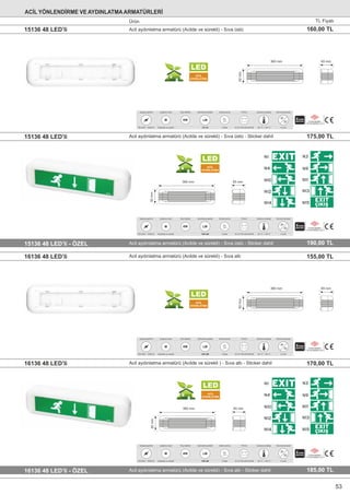 -20 °C ~ +40 °C
Çalışma sıcaklığı
II sınıfı
Koruma derecesi
IP
20
230-240V~ 50/60 Hz
Çalışma gerilimi
Kesintide ve sürekli
Çalışma modu
M
Güç tüketimi
6W
3 Saat
Acilde yanma
3x1,2V 2100 mAHAANi-Mh
Pil türü
+ - 2
TS EN 60598-1
TS EN 60598-2-22
130 LM
Aydınlatma şiddeti
LM
Acil aydınlatma armatürü (Acilde ve sürekli) - Sıva üstü - Sticker dahil15136 48 LED’li 175,00 TL
360 mm
92mm
65 mm
LED
ACİL
AYDINLATMA
360 mm
92mm
65 mm
LED
ACİL
AYDINLATMA
360 mm
92mm
65 mm
LED
ACİL
AYDINLATMA
Acil aydınlatma armatürü (Acilde ve sürekli) - Sıva üstü - Sticker dahil15136 48 LED’li - ÖZEL 190,00 TL
Acil aydınlatma armatürü (Acilde ve sürekli) - Sıva altı16136 48 LED’li 155,00 TL
-20 °C ~ +40 °C
Çalışma sıcaklığı
II sınıfı
Koruma derecesi
IP
20
230-240V~ 50/60 Hz
Çalışma gerilimi
Kesintide ve sürekli
Çalışma modu
M
Güç tüketimi
6W
3 Saat
Acilde yanma
3x1,2V 2100 mAHAANi-Mh
Pil türü
+ - 2
TS EN 60598-1
TS EN 60598-2-22
130 LM
Aydınlatma şiddeti
LM
Acil aydınlatma armatürü (Acilde ve sürekli ) - Sıva altı - Sticker dahil16136 48 LED’li 170,00 TL
360 mm
92mm
65 mm
LED
ACİL
AYDINLATMA
-20 °C ~ +40 °C
Çalışma sıcaklığı
II sınıfı
Koruma derecesi
IP
20
230-240V~ 50/60 Hz
Çalışma gerilimi
Kesintide ve sürekli
Çalışma modu
M
Güç tüketimi
6W
3 Saat
Acilde yanma
3x1,2V 2100 mAHAANi-Mh
Pil türü
+ - 2
TS EN 60598-1
TS EN 60598-2-22
130 LM
Aydınlatma şiddeti
LM
16136 48 LED’li - ÖZEL Acil aydınlatma armatürü (Acilde ve sürekli) - Sıva altı - Sticker dahil 185,00 TL
-20 °C ~ +40 °C
Çalışma sıcaklığı
II sınıfı
Koruma derecesi
IP
20
230-240V~ 50/60 Hz
Çalışma gerilimi
Kesintide ve sürekli
Çalışma modu
M
Güç tüketimi
6W
3 Saat
Acilde yanma
3x1,2V 2100 mAHAANi-Mh
Pil türü
+ - 2
TS EN 60598-1
TS EN 60598-2-22
130 LM
Aydınlatma şiddeti
LM
Acil aydınlatma armatürü (Acilde ve sürekli) - Sıva üstü15136 48 LED’li 160,00 TL
ACİL YÖNLENDİRME VE AYDINLATMAARMATÜRLERİ
Ürün TL Fiyatı
53
 