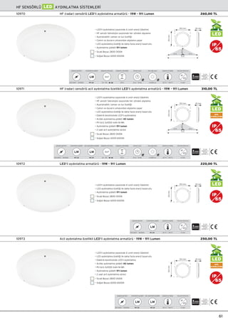 IP
65
IP
65
IP
65
LED’li ayd›nlatma armatürü - 19W - 911 Lumen10972
TS EN
60669-2-1
TS EN
60598-2-1
230-240V~ 50/60Hz
Çalıﬂma gerilimi
-20 °C ~ +40 °C
Çalıﬂma sıcaklı¤ı
II s›n›f›
Koruma derecesi
IP
65
911 LM
Ayd›nlatma ﬂiddeti
LM
• LED’li aydınlatma sayesinde A sınıfı enerji tüketimi
• LED aydınlatma özelli¤i ile daha fazla enerji tasarrufu
• Ayd›nlatma ﬂiddeti 911 lumen
• S›cak Beyaz 2800-3100K
• So¤uk Beyaz 6000-6500K
AC‹L
AYDINLATMA
LED
HF (radar) sensörlü acil ayd›nlatma özellikli LED’li ayd›nlatma armatürü - 19W - 911 Lumen10971
• LED’li aydınlatma sayesinde A sınıfı enerji tüketimi
• HF sensör teknolojisi sayesinde her yönden alg›lama
• Ayarlanabilir zaman ve lux özelli¤i
• Camın ve duvarın arkasından algılama yapar
• LED aydınlatma özelli¤i ile daha fazla enerji tasarrufu
• Elektrik kesintisinde LED’li aydınlatma
• Acilde ayd›nlatma ﬂiddeti 40 lumen
• Pil türü 3x1000 mAh Ni-Mh
• Ayd›nlatma ﬂiddeti 911 lumen
• 2 saat acil ayd›nlatma süresi
• S›cak Beyaz 2800-3100K
• So¤uk Beyaz 6000-6500K
9 m
4,5 m
2,8m
4,5 m
353mm
353 mm 65 mm
TS EN
60669-2-1
TS EN
60598-2-1
230-240V~ 50/60Hz
Çalıﬂma gerilimi
3m - 9m
Algılama etki alanı
360°
2,8 m
Algılama yüksekli¤i
h
2-2000 lux
Gün ıﬂ›¤ı ayarı
-20 °C ~ +40 °C
Çalıﬂma sıcaklı¤ı
II s›n›f›
Koruma derecesi
IP
65
40 LM
Acil ayd›nlatma ﬂiddeti
LM
10 sn ~ 30 dk
Zaman ayarı
911 LM
Ayd›nlatma ﬂiddeti
LM
LED
LED
AC‹L
AYDINLATMA
61
HF SENSÖRLÜ LED AYDINLATMA S‹STEMLER‹
TS EN
60669-2-1
TS EN
60598-2-1
40 LM
Acil ayd›nlatma ﬂiddeti
LM
-20 °C ~ +40 °C
Çalıﬂma sıcaklı¤ı
II s›n›f›
Koruma derecesi
IP
65
230-240V~ 50/60Hz
Çalıﬂma gerilimi
911 LM
Ayd›nlatma ﬂiddeti
LM
Acil ayd›nlatma özellikli LED’li ayd›nlatma armatürü - 19W - 911 Lumen10973
• LED’li aydınlatma sayesinde A sınıfı enerji tüketimi
• LED aydınlatma özelli¤i ile daha fazla enerji tasarrufu
• Elektrik kesintisinde LED’li aydınlatma
• Acilde ayd›nlatma ﬂiddeti 40 lumen
• Pil türü 3x1000 mAh Ni-Mh
• Ayd›nlatma ﬂiddeti 911 lumen
• 2 saat acil ayd›nlatma süresi
• S›cak Beyaz 2800-3100K
• So¤uk Beyaz 6000-6500K
TS EN
60669-2-1
TS EN
60598-2-1
230-240V~ 50/60Hz
Çalıﬂma gerilimi
3m - 9m
Algılama etki alanı
360°
2,8 m
Algılama yüksekli¤i
h
2-2000 lux
Gün ıﬂ›¤ı ayarı
-20 °C ~ +40 °C
Çalıﬂma sıcaklı¤ı
II s›n›f›
Koruma derecesi
IP
65
10 sn ~ 30 dk
Zaman ayarı
911 LM
Ayd›nlatma ﬂiddeti
LM
HF (radar) sensörlü LED’li ayd›nlatma armatürü - 19W - 911 Lumen10970
• LED’li aydınlatma sayesinde A sınıfı enerji tüketimi
• HF sensör teknolojisi sayesinde her yönden alg›lama
• Ayarlanabilir zaman ve lux özelli¤i
• Camın ve duvarın arkasından algılama yapar
• LED aydınlatma özelli¤i ile daha fazla enerji tasarrufu
• Ayd›nlatma ﬂiddeti 911 lumen
• S›cak Beyaz 2800-3100K
• So¤uk Beyaz 6000-6500K 9 m
4,5 m
2,8m
4,5 m
353mm
353 mm 65 mm
LED
IP
65
353mm
353 mm 65 mm
353mm
353 mm 65 mm
260,00 TL
220,00 TL
310,00 TL
250,00 TL
 
