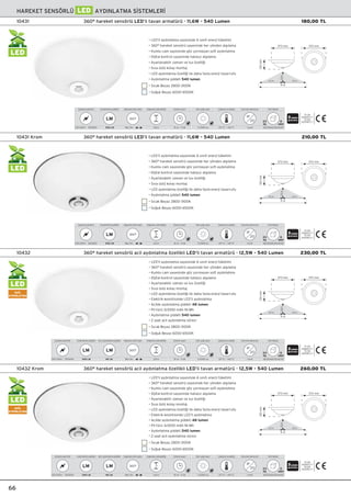 360° hareket sensörlü LED’li tavan armatürü - 11,6W - 540 Lumen10431
230-240V~ 50/60Hz
Çalıﬂma gerilimi
Max 9m
Algılama etki alanı
360°
2,8 m
Algılama yüksekli¤i
h
2-2000 lux
Gün ıﬂ›¤ı ayarı
-20 °C ~ +40 °C
Çalıﬂma sıcaklı¤ı
I s›n›f›
Koruma derecesi
IP
20
TS EN
60669-2-1
TS EN
60598-2-18
adet
23
kg
82,00x60,00x41,00
Koli bilgisi
10 sn ~ 5 dk
Zaman ayarı
540 LM
Ayd›nlatma ﬂiddeti
LM
• LED’li aydınlatma sayesinde A sınıfı enerji tüketimi
• 360° hareket sensörü sayesinde her yönden alg›lama
• Kumlu cam sayesinde göz yormayan soft aydınlatma
• Dijital kontrol sayesinde hatas›z alg›lama
• Ayarlanabilir zaman ve lux özelli¤i
• S›va üstü kolay montaj
• LED aydınlatma özelli¤i ile daha fazla enerji tasarrufu
• Ayd›nlatma ﬂiddeti 540 lumen
• S›cak Beyaz 2800-3100K
• So¤uk Beyaz 6000-6500K
370 mm
130mm
370 mm
9 m
4,5 m
2,8m
4,5 m
360° hareket sensörlü LED’li tavan armatürü - 11,6W - 540 Lumen10431 Krom
230-240V~ 50/60Hz
Çalıﬂma gerilimi
Max 9m
Algılama etki alanı
360°
2,8 m
Algılama yüksekli¤i
h
2-2000 lux
Gün ıﬂ›¤ı ayarı
-20 °C ~ +40 °C
Çalıﬂma sıcaklı¤ı
I s›n›f›
Koruma derecesi
IP
20
TS EN
60669-2-1
TS EN
60598-2-18
adet
23
kg
82,00x60,00x41,00
Koli bilgisi
10 sn ~ 5 dk
Zaman ayarı
540 LM
Ayd›nlatma ﬂiddeti
LM
• LED’li aydınlatma sayesinde A sınıfı enerji tüketimi
• 360° hareket sensörü sayesinde her yönden alg›lama
• Kumlu cam sayesinde göz yormayan soft aydınlatma
• Dijital kontrol sayesinde hatas›z alg›lama
• Ayarlanabilir zaman ve lux özelli¤i
• S›va üstü kolay montaj
• LED aydınlatma özelli¤i ile daha fazla enerji tasarrufu
• Ayd›nlatma ﬂiddeti 540 lumen
• S›cak Beyaz 2800-3100K
• So¤uk Beyaz 6000-6500K
370 mm
130mm
370 mm
9 m
4,5 m
2,8m
4,5 m
360° hareket sensörlü acil ayd›nlatma özellikli LED’li tavan armatürü - 12,5W - 540 Lumen10432
230-240V~ 50/60Hz
Çalıﬂma gerilimi
Max 9m
Algılama etki alanı
360°
2,8 m
Algılama yüksekli¤i
h
2-2000 lux
Gün ıﬂ›¤ı ayarı
-20 °C ~ +40 °C
Çalıﬂma sıcaklı¤ı
I s›n›f›
Koruma derecesi
IP
20
TS EN
60669-2-1
TS EN
60598-2-18
adet
23
kg
82,00x60,00x41,00
Koli bilgisi
48 LM
Acil ayd›nlatma ﬂiddeti
LM
10 sn ~ 5 dk
Zaman ayarı
540 LM
Ayd›nlatma ﬂiddeti
LM
• LED’li aydınlatma sayesinde A sınıfı enerji tüketimi
• 360° hareket sensörü sayesinde her yönden alg›lama
• Kumlu cam sayesinde göz yormayan soft aydınlatma
• Dijital kontrol sayesinde hatas›z alg›lama
• Ayarlanabilir zaman ve lux özelli¤i
• S›va üstü kolay montaj
• LED aydınlatma özelli¤i ile daha fazla enerji tasarrufu
• Elektrik kesintisinde LED’li aydınlatma
• Acilde ayd›nlatma ﬂiddeti 48 lumen
• Pil türü 3x1000 mAh Ni-Mh
• Ayd›nlatma ﬂiddeti 540 lumen
• 2 saat acil ayd›nlatma süresi
• S›cak Beyaz 2800-3100K
• So¤uk Beyaz 6000-6500K
370 mm
130mm
370 mm
9 m
4,5 m
2,8m
4,5 m
360° hareket sensörlü acil ayd›nlatma özellikli LED’li tavan armatürü - 12,5W - 540 Lumen10432 Krom
230-240V~ 50/60Hz
Çalıﬂma gerilimi
Max 9m
Algılama etki alanı
360°
2,8 m
Algılama yüksekli¤i
h
2-2000 lux
Gün ıﬂ›¤ı ayarı
-20 °C ~ +40 °C
Çalıﬂma sıcaklı¤ı
I s›n›f›
Koruma derecesi
IP
20
TS EN
60669-2-1
TS EN
60598-2-18
adet
23
kg
82,00x60,00x41,00
Koli bilgisi
48 LM
Acil ayd›nlatma ﬂiddeti
LM
10 sn ~ 5 dk
Zaman ayarı
540 LM
Ayd›nlatma ﬂiddeti
LM
• LED’li aydınlatma sayesinde A sınıfı enerji tüketimi
• 360° hareket sensörü sayesinde her yönden alg›lama
• Kumlu cam sayesinde göz yormayan soft aydınlatma
• Dijital kontrol sayesinde hatas›z alg›lama
• Ayarlanabilir zaman ve lux özelli¤i
• S›va üstü kolay montaj
• LED aydınlatma özelli¤i ile daha fazla enerji tasarrufu
• Elektrik kesintisinde LED’li aydınlatma
• Acilde ayd›nlatma ﬂiddeti 48 lumen
• Pil türü 3x1000 mAh Ni-Mh
• Ayd›nlatma ﬂiddeti 540 lumen
• 2 saat acil ayd›nlatma süresi
• S›cak Beyaz 2800-3100K
• So¤uk Beyaz 6000-6500K
370 mm
130mm
370 mm
9 m
4,5 m
2,8m
4,5 m
66
LED
LED
LED
AC‹L
AYDINLATMA
LED
AC‹L
AYDINLATMA
HAREKET SENSÖRLÜ LED AYDINLATMA S‹STEMLER‹
180,00 TL
210,00 TL
230,00 TL
260,00 TL
 