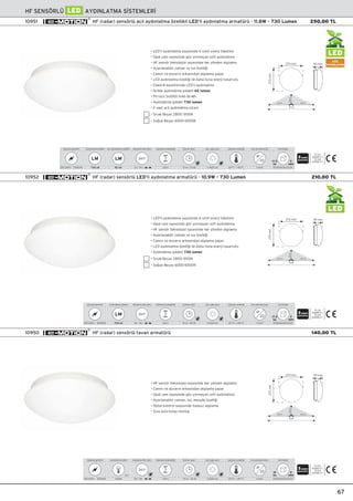 HF SENSÖRLÜ LED AYDINLATMA S‹STEMLER‹
HF (radar) sensörlü tavan armatürü10950 140,00 TL
AC‹L
AYDINLATMA
LED
9
adet
17.5
kg
91,00x59,50x33,50
Koli bilgisi
230-240V~ 50/60Hz
Çalıﬂma gerilimi
3m - 9m
Algılama etki alanı
360°
2,8 m
Algılama yüksekli¤i
h
2-2000 lux
Gün ıﬂ›¤ı ayarı
-20 °C ~ +40 °C
Çalıﬂma sıcaklı¤ı
II s›n›f›
Koruma derecesi
IP
20
TS EN
60669-2-1
TS EN
60598-2-1
42 LM
Acil ayd›nlatma ﬂiddeti
LM
10 sn ~ 30 dk
Zaman ayarı
730 LM
Ayd›nlatma ﬂiddeti
LM
• LED’li aydınlatma sayesinde A sınıfı enerji tüketimi
• Opal cam sayesinde göz yormayan soft ayd›nlatma
• HF sensör teknolojisi sayesinde her yönden alg›lama
• Ayarlanabilir zaman ve lux özelli¤i
• Camın ve duvarın arkasından algılama yapar
• LED aydınlatma özelli¤i ile daha fazla enerji tasarrufu
• Elektrik kesintisinde LED’li aydınlatma
• Acilde ayd›nlatma ﬂiddeti 42 lumen
• Pil türü 3x1000 mAh Ni-Mh
• Ayd›nlatma ﬂiddeti 730 lumen
• 2 saat acil ayd›nlatma süresi
• S›cak Beyaz 2800-3100K
• So¤uk Beyaz 6000-6500K
9 m
4,5 m
2,8m
4,5 m
270mm
270 mm 95 mm
9
adet
17.5
kg
91,00x59,50x33,50
Koli bilgisi
230-240V~ 50/60Hz
Çalıﬂma gerilimi
3m - 9m
Algılama etki alanı
360°
2,8 m
Algılama yüksekli¤i
h
2-2000 lux
Gün ıﬂ›¤ı ayarı
-20 °C ~ +40 °C
Çalıﬂma sıcaklı¤ı
II s›n›f›
Koruma derecesi
IP
20
TS EN
60669-2-1
TS EN
60598-2-1
10 sn ~ 30 dk
Zaman ayarı
730 LM
Ayd›nlatma ﬂiddeti
LM
• LED’li aydınlatma sayesinde A sınıfı enerji tüketimi
• Opal cam sayesinde göz yormayan soft ayd›nlatma
• HF sensör teknolojisi sayesinde her yönden alg›lama
• Ayarlanabilir zaman ve lux özelli¤i
• Camın ve duvarın arkasından algılama yapar
• LED aydınlatma özelli¤i ile daha fazla enerji tasarrufu
• Ayd›nlatma ﬂiddeti 730 lumen
• S›cak Beyaz 2800-3100K
• So¤uk Beyaz 6000-6500K
9 m
4,5 m
2,8m
4,5 m
270mm
270 mm 95 mm
• HF sensör teknolojisi sayesinde her yönden alg›lama
• Camın ve duvarın arkasından algılama yapar
• Opal cam sayesinde göz yormayan soft ayd›nlatma
• Ayarlanabilir zaman, lux, mesafe özelli¤i
• Dijital kontrol sayesinde hatas›z alg›lama
• S›va üstü kolay montaj
230-240V~ 50/60Hz
Çalıﬂma gerilimi
2,8 m
Algılama yüksekli¤i
h
2-2000 lux
Gün ıﬂ›¤ı ayarı
-20 °C ~ +40 °C
Çalıﬂma sıcaklı¤ı
II s›n›f›
Koruma derecesi
IP
20
TS EN
60669-2-1
TS EN
60598-2-19
adet
19
kg
91,00x59,50x33,50
Koli bilgisi
10 sn ~ 30 dk
Zaman ayarı
1x60W
Aydınlatma yükü
E27
Alg›lama etki alan›
360°
3m - 9m
9 m
4,5 m
2,8m
4,5 m
270mm
270 mm 95 mm
LED
HF (radar) sensörlü LED’li ayd›nlatma armatürü - 10.9W - 730 Lumen10952 210,00 TL
67
HF (radar) sensörlü acil ayd›nlatma özellikli LED’li ayd›nlatma armatürü - 11.8W - 730 Lumen10951 250,00 TL
 