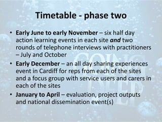 Timetable - phase two
• Early June to early November – six half day
action learning events in each site and two
rounds of telephone interviews with practitioners
– July and October
• Early December – an all day sharing experiences
event in Cardiff for reps from each of the sites
and a focus group with service users and carers in
each of the sites
• January to April – evaluation, project outputs
and national dissemination event(s)
 