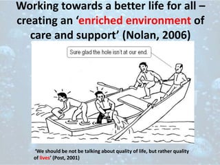Working towards a better life for all –
creating an ‘enriched environment of
care and support’ (Nolan, 2006)
‘We should be not be talking about quality of life, but rather quality
of lives’ (Post, 2001)
 