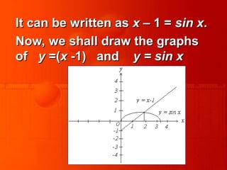 It can be written asIt can be written as xx – 1 =– 1 = sin xsin x..
Now, we shall draw the graphsNow, we shall draw the graphs
ofof yy =(=(xx -1) and-1) and y = sin xy = sin x
 