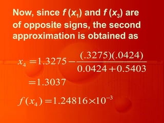 Now, since f (x1) and f (x3) are
of opposite signs, the second
approximation is obtained as
4
3
4
(.3275)(.0424)
1.3275
0.0424 0.5403
1.3037
( ) 1.24816 10
x
f x −
= −
+
=
= ×
 
