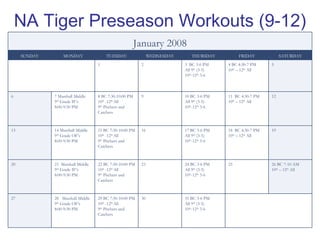 NA Tiger Preseason Workouts (9-12) 31 BC 3-6 PM All 9 th  (3-5) 10 th -12 th  3-6 30 29 BC 7:30-10:00 PM 10 th  -12 th  All 9 th  Pitchers and Catchers 28  Marshall Middle 9 th  Grade OF’s 8:00-9:30 PM 27 26 BC 7-10 AM 10 th  – 12 th  All 25 24 BC 3-6 PM All 9 th  (3-5) 10 th -12 th  3-6 23 22 BC 7:30-10:00 PM 10 th  -12 th  All 9 th  Pitchers and Catchers 21  Marshall Middle 9 th  Grade IF’s 8:00-9:30 PM 20 19 18  BC 4:30-7 PM 10 th  – 12 th  All 17 BC 3-6 PM All 9 th  (3-5) 10 th -12 th  3-6 16 15 BC 7:30-10:00 PM 10 th  -12 th  All 9 th  Pitchers and Catchers 14 Marshall Middle 9 th  Grade OF’s 8:00-9:30 PM 13 12 11  BC 4:30-7 PM 10 th  – 12 th  All 10 BC 3-6 PM All 9 th  (3-5) 10 th -12 th  3-6 9 8 BC 7:30-10:00 PM 10 th  -12 th  All 9 th  Pitchers and Catchers 7 Marshall Middle 9 th  Grade IF’s 8:00-9:30 PM 6 5 4 BC 4:30-7 PM 10 th  – 12 th  All 3  BC 3-6 PM All 9 th  (3-5) 10 th -12 th  3-6 2 1 SATURDAY FRIDAY THURSDAY WEDNESDAY TUESDAY MONDAY SUNDAY January 2008 