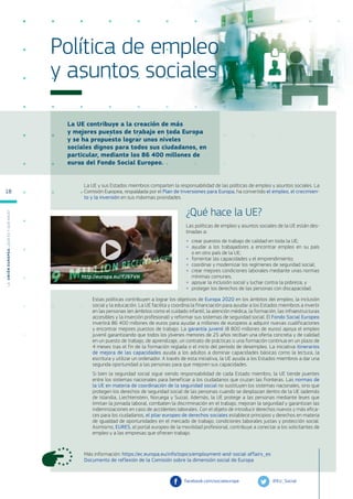 La UE contribuye a la creación de más
y mejores puestos de trabajo en toda Europa
y se ha propuesto lograr unos niveles
sociales dignos para todos sus ciudadanos, en
particular, mediante los 86 400 millones de
euros del Fondo Social Europeo.
Más información: https://ec.europa.eu/info/topics/employment-and-social-affairs_es
Documento de reflexión de la Comisión sobre la dimensión social de Europa
Política de empleo
y asuntos sociales
La UE y sus Estados miembros comparten la responsabilidad de las políticas de empleo y asuntos sociales. La
Comisión Europea, respaldada por el Plan de Inversiones para Europa, ha convertido el empleo, el crecimien-
to y la inversión en sus máximas prioridades.
¿Qué hace la UE?
Las políticas de empleo y asuntos sociales de la UE están des-
tinadas a:
●
● crear puestos de trabajo de calidad en toda la UE;
●
● ayudar a los trabajadores a encontrar empleo en su país
o en otro país de la UE;
●
● fomentar las capacidades y el emprendimiento;
●
● coordinar y modernizar los regímenes de seguridad social;
●
● crear mejores condiciones laborales mediante unas normas
mínimas comunes;
●
● apoyar la inclusión social y luchar contra la pobreza; y
●
● proteger los derechos de las personas con discapacidad.
Estas políticas contribuyen a lograr los objetivos de Europa 2020 en los ámbitos del empleo, la inclusión
social y la educación. La UE facilita y coordina la financiación para ayudar a los Estados miembros a invertir
en las personas (en ámbitos como el cuidado infantil, la atención médica, la formación, las infraestructuras
accesibles y la inserción profesional) y reformar sus sistemas de seguridad social. El Fondo Social Europeo
invertirá 86 400 millones de euros para ayudar a millones de europeos a adquirir nuevas cualificaciones
y encontrar mejores puestos de trabajo. La garantía juvenil (8 800 millones de euros) apoya el empleo
juvenil garantizando que todos los jóvenes menores de 25 años reciban una oferta concreta y de calidad
en un puesto de trabajo, de aprendizaje, un contrato de prácticas o una formación continua en un plazo de
4 meses tras el fin de la formación reglada o el inicio del período de desempleo. La iniciativa itinerarios
de mejora de las capacidades ayuda a los adultos a dominar capacidades básicas como la lectura, la
escritura y utilizar un ordenador. A través de esta iniciativa, la UE ayuda a los Estados miembros a dar una
segunda oportunidad a las personas para que mejoren sus capacidades.
Si bien la seguridad social sigue siendo responsabilidad de cada Estado miembro, la UE tiende puentes
entre los sistemas nacionales para beneficiar a los ciudadanos que cruzan las fronteras. Las normas de
la UE en materia de coordinación de la seguridad social no sustituyen los sistemas nacionales, sino que
protegen los derechos de seguridad social de las personas cuando se desplazan dentro de la UE (además
de Islandia, Liechtenstein, Noruega y Suiza). Además, la UE protege a las personas mediante leyes que
limitan la jornada laboral, combaten la discriminación en el trabajo, mejoran la seguridad y garantizan las
indemnizaciones en caso de accidentes laborales. Con el objeto de introducir derechos nuevos y más efica-
ces para los ciudadanos, el pilar europeo de derechos sociales establece principios y derechos en materia
de igualdad de oportunidades en el mercado de trabajo, condiciones laborales justas y protección social.
Asimismo, EURES, el portal europeo de la movilidad profesional, contribuye a conectar a los solicitantes de
empleo y a las empresas que ofrecen trabajo.
@EU_Social
facebook.com/socialeurope
http://europa.eu/!fJ97VH
L
a
U
n
i
ó
n
E
u
r
o
p
e
a
:
¿Q
u
é
es
y
qu
é
hace
?
18
 
