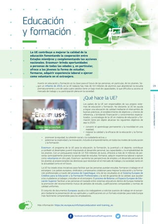 La UE contribuye a mejorar la calidad de la
educación fomentando la cooperación entre
Estados miembros y complementando las acciones
nacionales. Erasmus+ brinda oportunidades
a personas de todas las edades y, en particular,
ofrece a los jóvenes la forma de estudiar,
formarse, adquirir experiencia laboral o ejercer
como voluntario en el extranjero.
Más información: https://ec.europa.eu/info/topics/education-and-training_es
Educación
y formación
Invertir en educación y formación es la clave para el futuro de las personas, en particular, de los jóvenes. Se-
gún un informe de 2015, en la UE todavía hay más de 4,4 millones de alumnos que abandonan la escuela
prematuramente y uno de cada cuatro adultos tiene un bajo nivel de capacidades, lo que dificulta su acceso al
mercado de trabajo y su participación plena en la sociedad.
¿Qué hace la UE?
Los países de la UE son responsables de sus propios siste-
mas de educación y formación. No obstante, la UE les ayuda
a lograr una educación de calidad mediante el intercambio de
buenas prácticas, el establecimiento de objetivos y criterios de
referencia, y brindando financiación y conocimientos especia-
lizados. La estrategia de la UE en materia de educación y for-
mación tiene por objeto alcanzar los siguientes objetivos de
aquí a 2020:
●
● convertir el aprendizaje permanente y la movilidad en una
realidad;
●
● mejorar la calidad y la eficacia de la educación y la forma-
ción;
●
● promover la equidad, la cohesión social y la ciudadanía activa; y
●
● potenciar la creatividad y la innovación, incluido el emprendimiento, en todos los niveles de la educación
y la formación.
Erasmus+, el programa de la UE para la educación, la formación, la juventud y el deporte, contribuye
a combatir el desempleo juvenil impulsando el desarrollo personal, las capacidades y la empleabilidad de
los jóvenes. Con un presupuesto total de 14 700 millones de euros, ofrecerá a más de 4 millones de per-
sonas (principalmente jóvenes) la oportunidad de estudiar, formarse, adquirir experiencia laboral o ejercer
como voluntarios en otro país. Erasmus+ aumenta las perspectivas de empleo y el desarrollo personal de
los jóvenes al proporcionarles las destrezas que necesitan en el mercado de trabajo y la sociedad, tanto en
la actualidad como en el futuro.
La UE ha creado otras iniciativas para facilitar que las personas puedan estudiar, formarse o trabajar en el
extranjero. Los países europeos, sindicatos y empresarios colaboran para mejorar la educación y la forma-
ción profesionales a través del proceso de Copenhague. Uno de los resultados es el Sistema Europeo de
Créditos para la Educación y la Formación Profesionales y la red de garantía de la calidad, que ayudan
a los ciudadanos a trabajar y estudiar en el extranjero. El proceso de Bolonia y el Espacio Europeo de Edu-
cación Superior facilitan a las personas el traslado entre sistemas educativos dentro de Europa mediante
la promoción del reconocimiento mutuo de períodos de estudio, cualificaciones comparables y normas de
calidad uniformes.
El conjunto de documentos Europass ayuda a los trabajadores a solicitar puestos de trabajo en el extran-
jero mediante la presentación de sus aptitudes y cualificaciones en un formato estándar para toda Europa
más fácilmente comprensible para los empleadores.
@EUErasmusPlus	
facebook.com/EUErasmusPlusProgramme
http://bit.ly/2znJ3pN
L
a
U
n
i
ó
n
E
u
r
o
p
e
a
:
¿Q
u
é
es
y
qu
é
hace
?
19
 