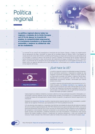 La política regional abarca todas las
regiones y ciudades de la Unión Europea
con el fin de apoyar la creación de
empleo, la competitividad empresarial,
el crecimiento económico y el desarrollo
sostenible, y mejorar la calidad de vida
de los ciudadanos.
Más información: https://ec.europa.eu/info/topics/regional-policy_es
Política
regional
La inversión en los centros de investigación e innovación de San Ġwann, Galway y Cottbus; la modernización
de los aeropuertos de Riga y Wrocław; la mejora de la movilidad urbana en Atenas, Sofía y Cluj-Napaca; la
conservación del monte Saint-Michel y la defensa de Pompeya; la mejora de la infraestructura de banda ancha
en Cornualles y Lituania; el apoyo a las pymes en Utrecht y Paredes; la renovación de los núcleos urbanos de
Santa Coloma de Gramenet y Lieja; la renovación del tratamiento de aguas residuales en Trenčín y Slavonski
Brod; y la promoción de la utilización de las tecnologías de la información en universidades de Nicosia y Liu-
bliana: estos son algunos ejemplos de los miles de proyectos cofinanciados por la política regional de la UE
en las regiones de Europa.
¿Qué hace la UE?
La política regional sustenta la solidaridad europea fomentan-
do el crecimiento económico y mejorando la calidad de vida
mediante inversiones estratégicas. Dedica la mayor parte de
su financiación a ayudar a los países y regiones menos desa-
rrollados de la UE a recuperarse y, de este modo, reducir las
disparidades económicas, sociales y territoriales que todavía
existen en la Unión.
La política regional está gestionada conjuntamente por la Co-
misión Europea y los Estados miembros y sus regiones, que
seleccionan los proyectos que serán cofinanciados por la UE en
el marco de programas previamente acordados con la Comi-
sión Europea. Los fondos de la UE se suplementan siempre con
fondos nacionales (privados o públicos).
Cada programa se elabora mediante un proceso colectivo en el que participan las partes interesadas a ni-
vel europeo, nacional, regional y local, los interlocutores sociales y la sociedad civil. La cooperación se aplica
a todas las etapas de la programación, desde el diseño, la gestión y la aplicación hasta el seguimiento y la
evaluación.
Mediante los programas Interreg, la política regional presta especial atención a las necesidades y posibili-
dades de las regiones fronterizas, que representan el 37 % de la población de la UE.
A fin de alcanzar estos objetivos y responder a las distintas necesidades de desarrollo de todas las regiones
de la UE, la política regional dispone de 259 700 millones de euros para el período 2014-2020, una cuarta
parte del presupuesto total de la UE. Estos recursos se utilizan para financiar infraestructuras estratégicas
de transporte y comunicación; favorecer la transición a una economía más respetuosa con el medio am-
biente; ayudar a las pequeñas y medianas empresas a ser más innovadoras y competitivas; crear nuevas
ofertas de empleo duradero; reforzar y modernizar los sistemas educativos; y crear una sociedad más
inclusiva. Puede consultar más información sobre los Fondos Estructurales y de Inversión Europeos aquí.
@EU_Regional	
facebook.com/EUinmyregion
http://bit.ly/1OPA6Yv
L
a
U
n
i
ó
n
E
u
r
o
p
e
a
:
¿Q
u
é
es
y
qu
é
hace
?
21
 