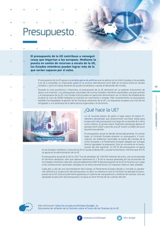 El presupuesto de la UE contribuye a conseguir
cosas que importan a los europeos. Mediante la
puesta en común de recursos a escala de la UE,
los Estados miembros pueden lograr más de lo
que serían capaces por sí solos.
Más información: https://ec.europa.eu/info/topics/budget_es
Documento de reflexión de la Comisión sobre el futuro de las finanzas de la UE
Presupuesto
El presupuesto de la UE apoya una amplia gama de políticas que se aplican en la Unión Europea y ha ayudado
a la UE a consolidar su importante papel en la escena internacional como líder en la lucha contra el cambio
climático y como el mayor donante de ayuda humanitaria y ayuda al desarrollo del mundo.
Durante la crisis económica y financiera, el presupuesto de la UE demostró ser un potente instrumento de
apoyo a la inversión. Los presupuestos nacionales de muchos Estados miembros soportaban una gran presión
y el presupuesto de la UE y los Fondos Estructurales en particular demostraron ser un factor de estabilización
durante la crisis de 2008 mediante la inversión en crecimiento y empleo. Más recientemente, el presupuesto
también ha respaldado la gestión de las fronteras exteriores de la UE y la respuesta europea a la crisis de los
refugiados y a la amenaza de la delincuencia organizada y el terrorismo.
¿Qué hace la UE?
La UE acuerda planes de gasto a largo plazo (el marco fi-
nanciero plurianual), que proporcionan una base sólida para
la ejecución del presupuesto a lo largo de un período de 5 años
como mínimo. El actual marco financiero plurianual abarca el
período 2014-2020 y permite a la UE invertir un billón de euros
durante ese período.
El presupuesto anual se decide democráticamente. En primer
lugar, la Comisión Europea propone un presupuesto. A conti-
nuación, los Gobiernos nacionales (a través del Consejo de la
Unión Europea) y el Parlamento Europeo (elegido por sufragio
directo) aprueban la propuesta. Esto se convierte en el presu-
puesto del año siguiente. Un 94 % del presupuesto se gasta
en los Estados miembros y fuera de la UE en ayuda al desarrollo y ayuda humanitaria, mientras que el 6 %
se gasta en la administración de la UE.
El presupuesto anual de la UE en 2017 fue de alrededor de 158 000 millones de euros, una suma elevada
en términos absolutos, pero que apenas representa el 1 % de la riqueza generada por las economías de
los Estados miembros cada año. Aproximadamente el 80 % del presupuesto de la UE se financia con cargo
a las contribuciones nacionales, basadas en la renta nacional bruta y el impuesto sobre el valor añadido.
Cada año, a raíz de una recomendación del Consejo, el Parlamento Europeo decide si concede su aproba-
ción definitiva a la ejecución del presupuesto, es decir, la manera en que la Comisión ha aplicado el presu-
puesto de la UE. Este procedimiento garantiza un máximo de transparencia y rendición de cuentas. Una vez
aprobada la ejecución del presupuesto, se pasa al cierre formal de las cuentas del año.
@EU_Budget
facebook.com/EUbudget
http://Europa.eu/!Xv33Tb
L
a
U
n
i
ó
n
E
u
r
o
p
e
a
:
¿Q
u
é
es
y
qu
é
hace
?
45
 