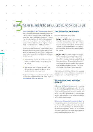 El Tribunal de Justicia de la Unión Europea garantiza
que la legislación europea se interprete y aplique del
mismo modo en todos los Estados miembros. El Tri-
bunal tiene poder para resolver litigios entre Estados
miembros, instituciones de la UE, empresas y parti-
culares. Para hacer frente a los muchos miles de ca-
sos que recibe, está dividido en dos órganos principa-
les: el Tribunal de Justicia y el Tribunal General.
En el caso de que un particular o una empresa haya
sufrido un daño como consecuencia de la acción o in-
acción de una institución de la Unión o su personal,
puede emprender acciones contra ellos en el Tribunal
de dos maneras:
●
● indirectamente, a través de los tribunales nacio-
nales, que pueden remitir el asunto al Tribunal
de Justicia;
●
● directamente ante el Tribunal General si una
decisión de una institución de la Unión les ha
afectado directa e individualmente.
Si alguien considera que la administración de un país
ha infringido la legislación de la UE, puede seguir el
procedimiento oficial de denuncia.
Funcionamiento del Tribunal
Los casos se instruyen en dos fases.
●
● La fase escrita. Las partes presentan al
Tribunal alegaciones escritas y las autoridades
nacionales, las instituciones de la UE y, a veces,
los particulares pueden además formular obser-
vaciones. El juez ponente prepara un sumario y,
posteriormente, se debate en la reunión general
del Tribunal.
●
● La fase oral. Se trata de una audiencia públi-
ca: los abogados de ambas partes presentan
sus argumentos ante los jueces y el abogado
general, que pueden plantearles preguntas. Si el
Tribunal de Justicia decidiera que es necesario
un dictamen del abogado general, este lo emite
unas semanas después de la vista. A continua-
ción, los jueces deliberan y dan su veredicto.
El procedimiento del Tribunal General es parecido,
salvo que en la mayoría de los casos es juzgado por
tres jueces y no hay abogados generales.
Otras instituciones judiciales
de la UE
El Defensor del Pueblo Europeo recibe e investiga
las denuncias de los ciudadanos y ayuda a identificar
casos de mala administración en las instituciones de
la UE y otros organismos. Cualquier ciudadano, resi-
dente, asociación o empresa de un Estado miembro
de la UE puede presentar una reclamación ante el
Defensor del Pueblo Europeo.
El Supervisor Europeo de Protección de Datos se
encarga de la protección de los datos personales y de
la intimidad de los ciudadanos de la UE y de residen-
tes en ella almacenados por las instituciones de la
UE en formato electrónico, escrito o visual. Asimismo,
promueve buenas prácticas en este ámbito entre las
instituciones y organismos de la UE.
3
GARANTIZAR EL RESPETO DE LA LEGISLACIÓN DE LA UE
L
a
U
n
i
ó
n
E
u
r
o
p
e
a
:
¿Q
u
é
es
y
qu
é
hace
?
56
 