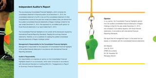 Opinion 
In our opinion, the Consolidated Financial Highlights derived 
from the audited consolidated financial statements of Nagico 
Holdings Limited for the year ended December 31, 2013 
are consistent, in all material respects, with those financial 
statements, in accordance with International Financial 
Reporting Standards. 
We report that the management report, to the extent we can 
assess, is consistent with the consolidated financial statements. 
Sint Maarten 
June 26, 2014 
KPMG Accountants 
M.L.M. Kesselaer RA 
Managing Director 
23 
Independent Auditor’s Report 
The accompanying Consolidated Financial Highlights, which comprise the 
consolidated statement of financial position as at December 31, 2013, the 
consolidated statement of profit or loss and the consolidated statement of other 
comprehensive income for the year then ended and related notes, are derived from 
the audited consolidated financial statements of Nagico Holdings Limited for the 
year ended December 31, 2013. We expressed an unmodified audit opinion on 
those financial statements in our report dated April 4, 2014. 
The Consolidated Financial Highlights do not contain all the disclosures required by 
International Financial Reporting Standards. Reading the summary financial 
statements, therefore, is not a substitute for reading the audited consolidated 
financial statements of Nagico Holdings Limited. 
Management’s Responsibility for the Consolidated Financial Highlights 
Management is responsible for the preparation of Consolidated Financial Highlights 
of the audited financial statements in accordance with International Financial 
Reporting standards. 
Auditor’s Responsibility 
Our responsibility is to express an opinion on the Consolidated Financial 
Highlights based on our procedures, which were conducted in accordance 
with International Standard on Auditing (ISA) 810, “Engagements to Report 
on Summary Financial Statements.” 
 