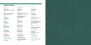 Anguilla 
Branch Office 
Sidson Sorton- Acting Manager 
Antigua 
Brysons Insurance Agency 
Marjorie Parchment 
Aruba 
Subsidiary 
Detlef Hooyboer 
Bahamas 
Subsidiary 
Vibert Williams 
Bonaire 
Branch Office 
Johannes William 
Curacao 
Branch Office 
Johannes William 
Dominica 
Branch Office 
Merle Lawrence 
France and French 
Overseas Territories 
Cooper Gay 
Grenada (NICL) 
Subsidiary 
Fabian Walthrus 
Montserrat 
Judith Greer & Associates Inc. 
Judith Greer 
Ryan Investments Ltd. 
(Authorized Agent) 
Yvette Ryan 
Nevis 
Branch Office 
Laurenn Barry 
Saba 
Branch Office 
Sheritsa Oleana 
St. Martin 
(French Side) 
Branch Office 
David Ménissier 
St. Eustatius 
A.R.C. Agency N.V. 
Arlene Cuvalay 
Carmen Suares-Mars 
I.F. Rivers Enterprises N.V. 
Ivan Rivers 
St. Kitts 
Branch Office 
Adrian Smith 
St. Lucia 
Subsidiary 
Royron Adams 
St. Maarten 
NAGICO Head Office 
St. Vincent 
St. Vincent Insurances Ltd. 
(Represented by Vinsure) 
Samuel Goodluck 
BVI 
(Tortola / Virgin Gorda) 
Century Insurance Agency 
Shan Mohamed 
Trinidad & Tobago 
Subsidiary 
Christopher Henriques 
NAGICO Life 
(Dutch Antilles) 
Koos Ooosterwaal 
For a complete overview of NAGICO 
Agents and Brokers, please visit 
www.nagico.com 
NAGICO’s Network 
 