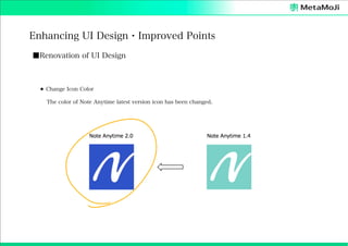 Enhancing UI Design・Improved Points
■Renovation of UI Design

⚫ Change Icon Color
The color of Note Anytime latest version icon has been changed.

 
