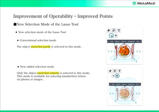 Improvement of Operability・Improved Points
■New Selection Mode of the Lasso Tool
⚫ New selection mode of the Lasso Tool
⚫ Conventional selection mode
The object encircled partly is selected in this mode.

⚫ New added selection mode
Only the object encircled entirely is selected in this mode.
This mode is available for selecting handwritten letters
on photos or images.

 