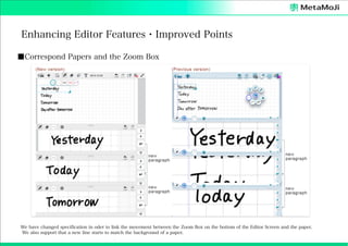 Enhancing Editor Features・Improved Points
■Correspond Papers and the Zoom Box

We have changed specification in oder to link the movement between the Zoom Box on the bottom of the Editor Screen and the paper.
We also support that a new line starts to match the background of a paper.

 