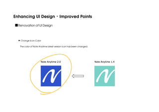 Enhancing UI Design・Improved Points
■Renovation of UI Design

Change Icon Color
The color of Note Anytime latest version icon has been changed.

 