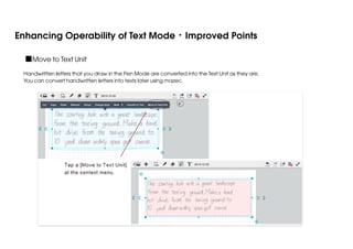Enhancing Operability of Text Mode・Improved Points
■Move to Text Unit
Handwritten letters that you draw in the Pen Mode are converted into the Text Unit as they are.
You can convert handwritten letters into texts later using mazec.

 