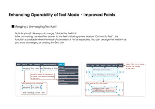 Enhancing Operability of Text Mode・Improved Points
■Merging / Unmerging Text Unit
Note Anytime2 allows you to merge / divide the Text Unit.
After converting handwritten strokes to the Text Unit using a new feature "Convert to Text", this
function is available when the result of conversion is not as expected. You can arrange the Text Unit as
you want by merging or dividing the Text Unit.

 