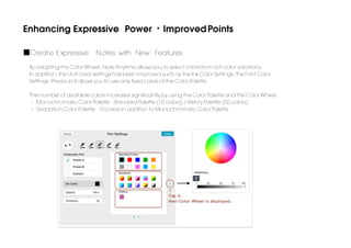 Enhancing Expressive Power ・Improved Points
■Creat e E xpressive N otes with New Features
By adopting the Color Wheel, Note Anytime allows you to select colors from rich color variations.
In addition, the UI of color settings has been improved such as the Ink Color Settings, the Font Color
Settings. Previous UI allows you to use only fixed colors of the Color Palette.
The number of available colors increases significantly by using the Color Palette and the Color Wheel.
• Monochromatic Color Palette : Standard Palette (10 colors) / History Palette (50 colors)
• Gradation Color Palette : 10 colors in addition to Monochromatic Color Palette

 