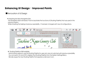 Enhancing UI Design・Improved Points
■Renovation of UI Design
Adopting the New Navigation Bar
The Navigation Bar is renewed. That incorpotates the functions of [Floating Palette] that was used in the
previous version.
While inheriting the feeling of previous operability, it has been changed with new UI configurations.

Floating Palette is Still Available
Note Anytime allows to use the Floating Palette for users who are accustomed with previous operability.
You can switch On and Off to display the [Floating Palette] from the System Settings Menu.
We also equip the new Floating Palette that appears under each icon.

 