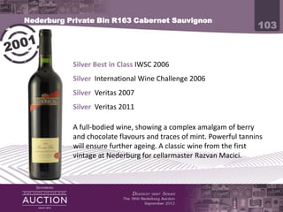 Nederburg Private Bin R163 Cabernet Sauvignon
                                                                    103

           Silver Best in Class IWSC 2006
           Silver International Wine Challenge 2006
           Silver Veritas 2007
           Silver Veritas 2011

           A full-bodied wine, showing a complex amalgam of berry
           and chocolate flavours and traces of mint. Powerful tannins
           will ensure further ageing. A classic wine from the first
           vintage at Nederburg for cellarmaster Razvan Macici.
 